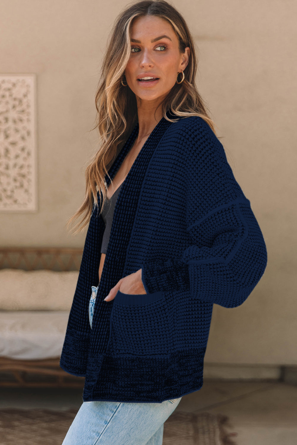 Waffle-knit Pocketed Open Front Cardigan - The Boutie Shop
