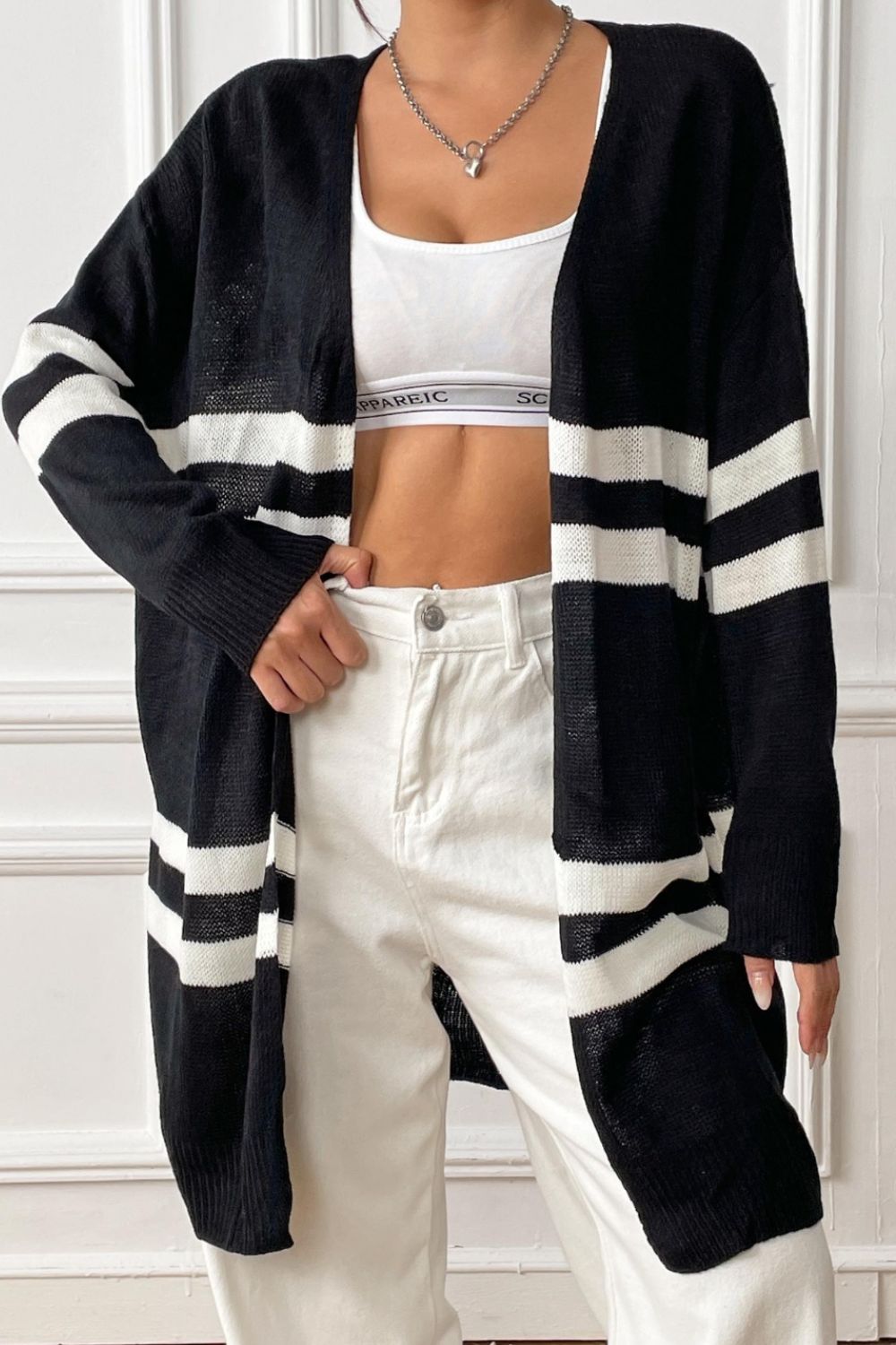 Striped Open Front Dropped Shoulder Cardigan - The Boutie Shop