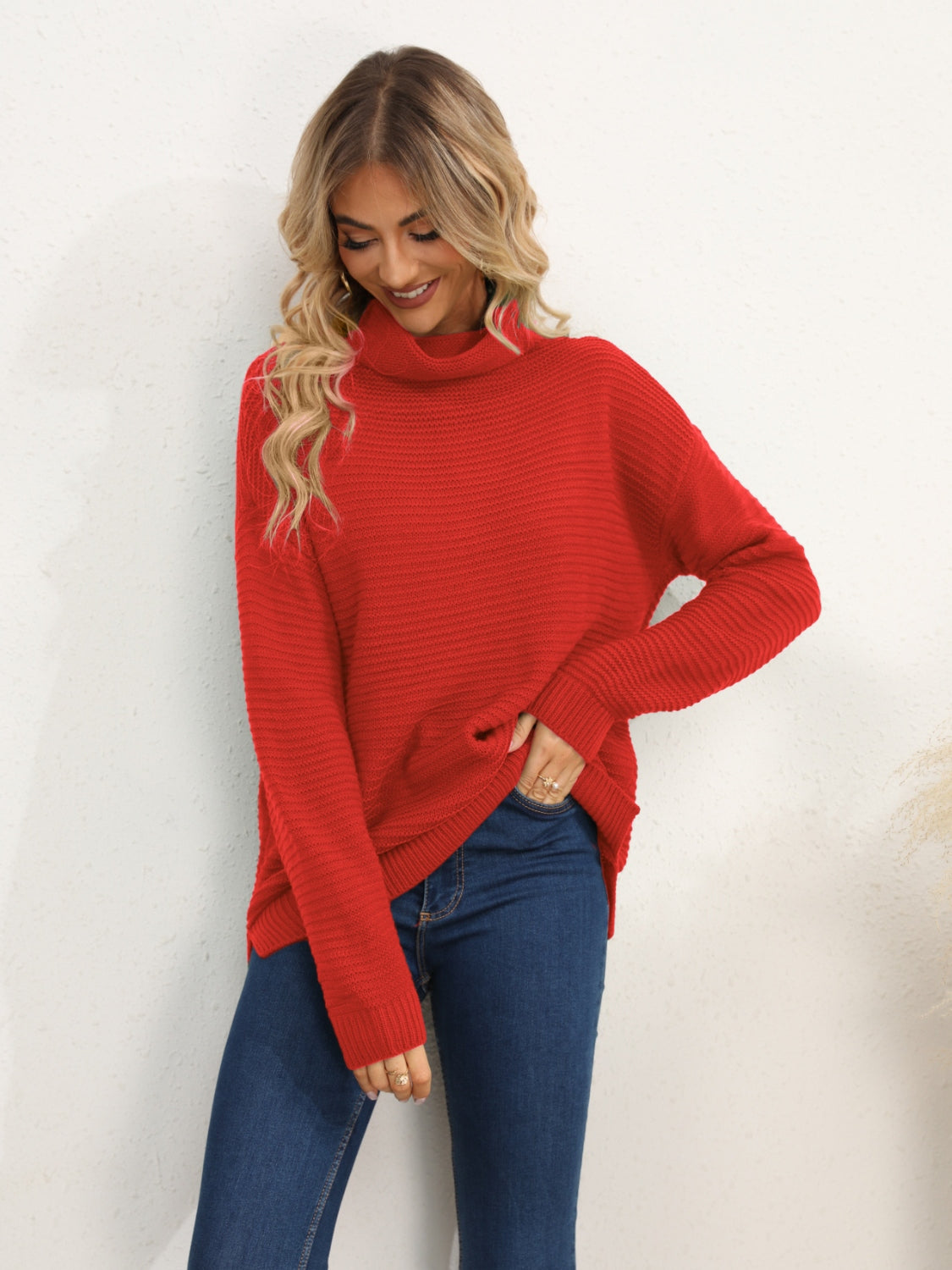 Slit Turtleneck Dropped Shoulder Sweater - The Boutie Shop