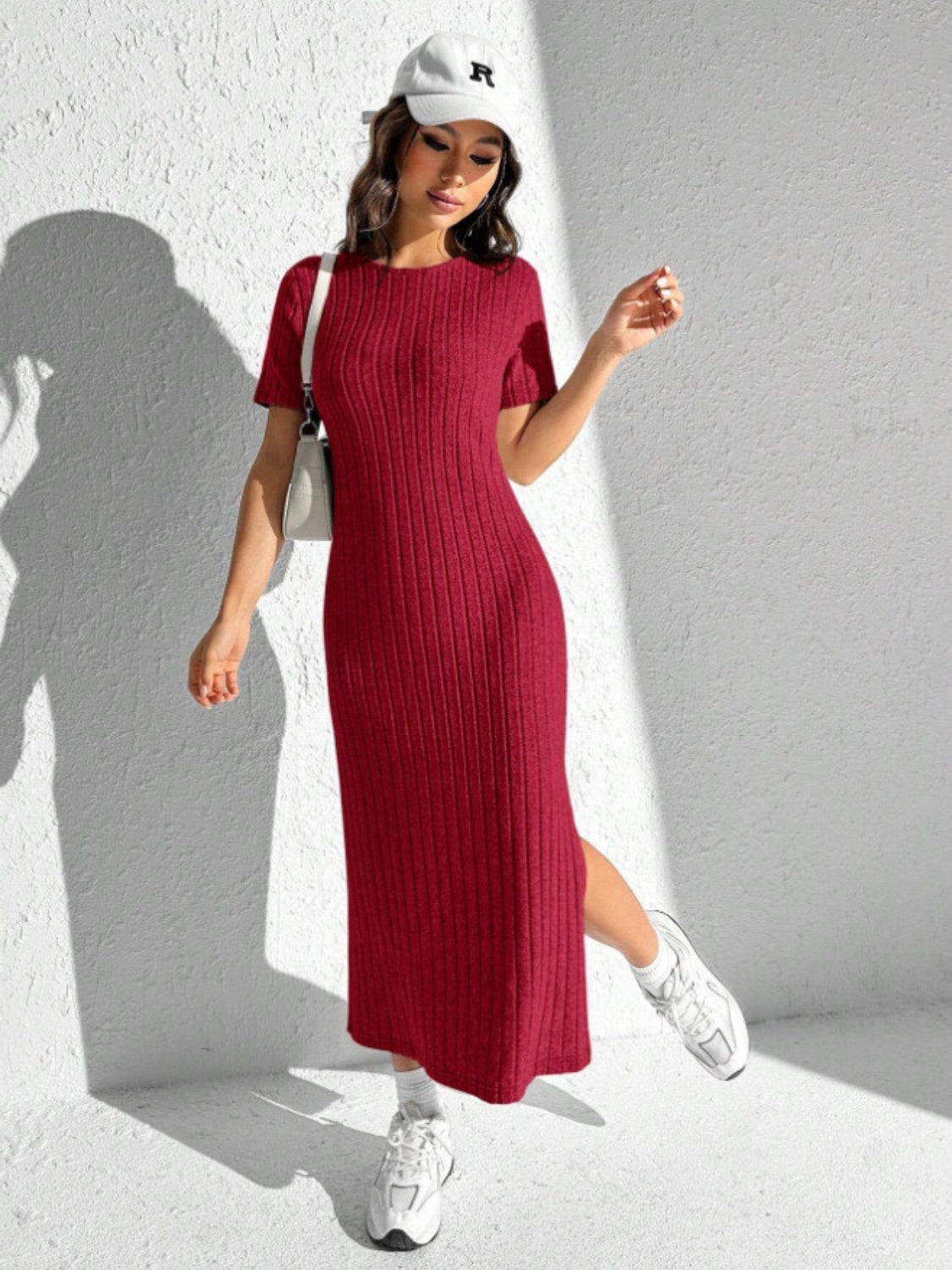 Slit Round Neck Short Sleeve Sweater Dress - The Boutie Shop