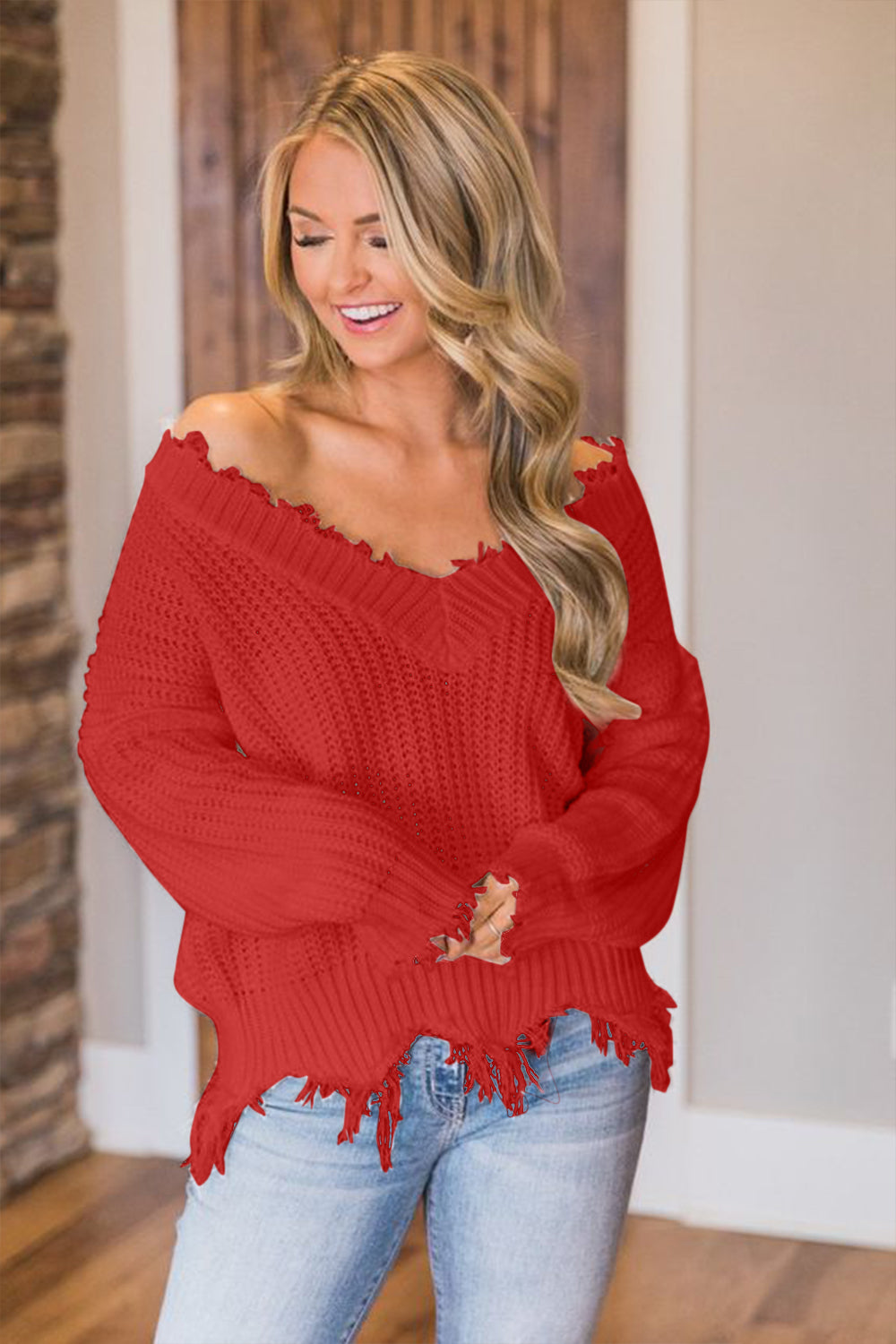 Frayed Hem Dropped Shoulder Sweater - The Boutie Shop