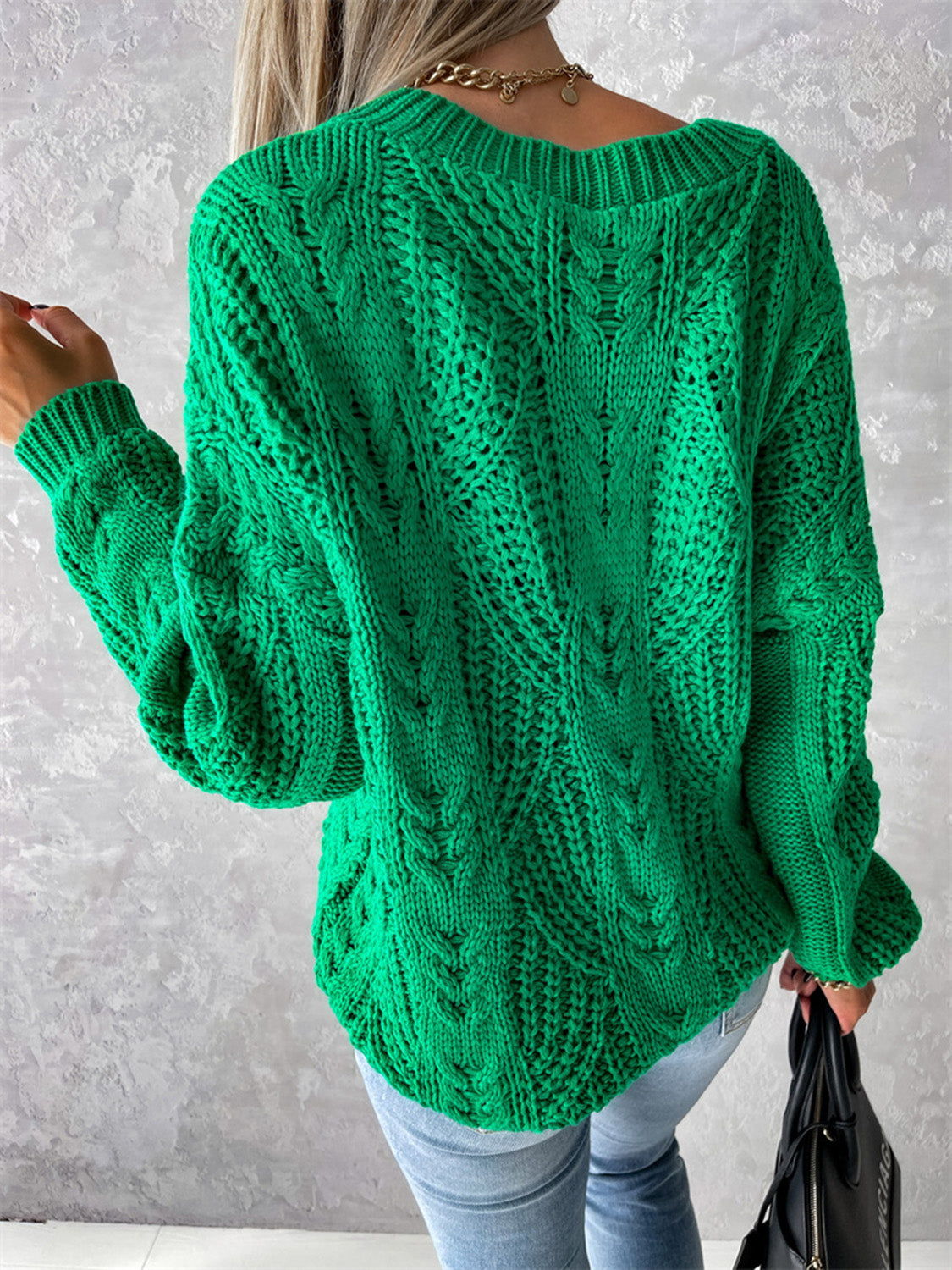 V-Neck Cable-Knit Long Sleeve Sweater - The Boutie Shop