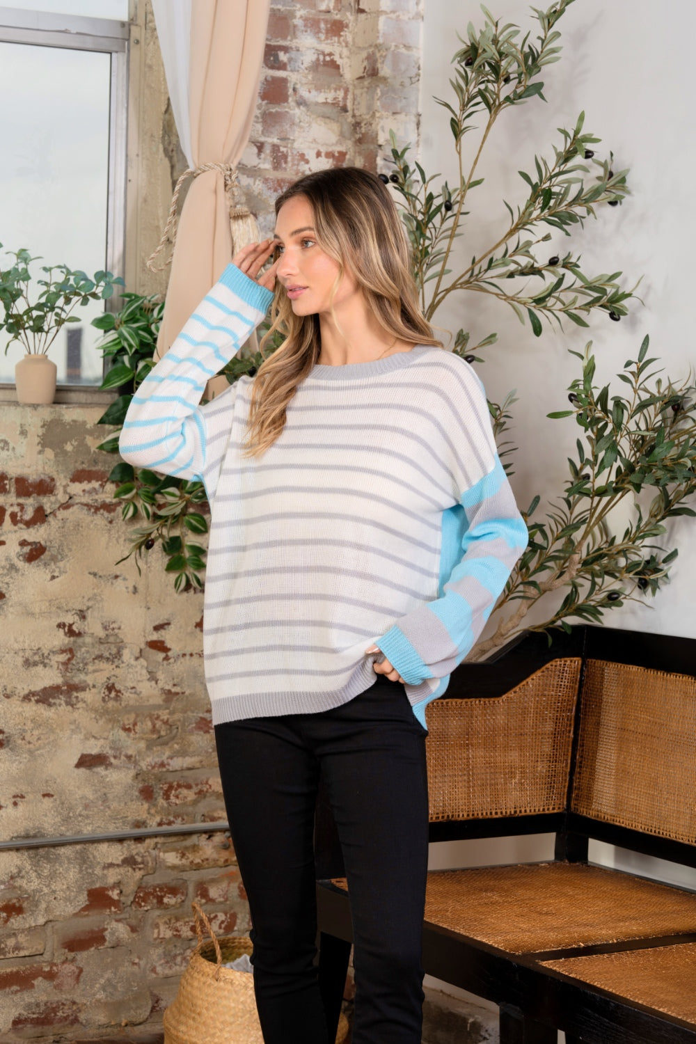 Sew In Love Full Size Striped Dropped Shoulder Sweater - The Boutie Shop