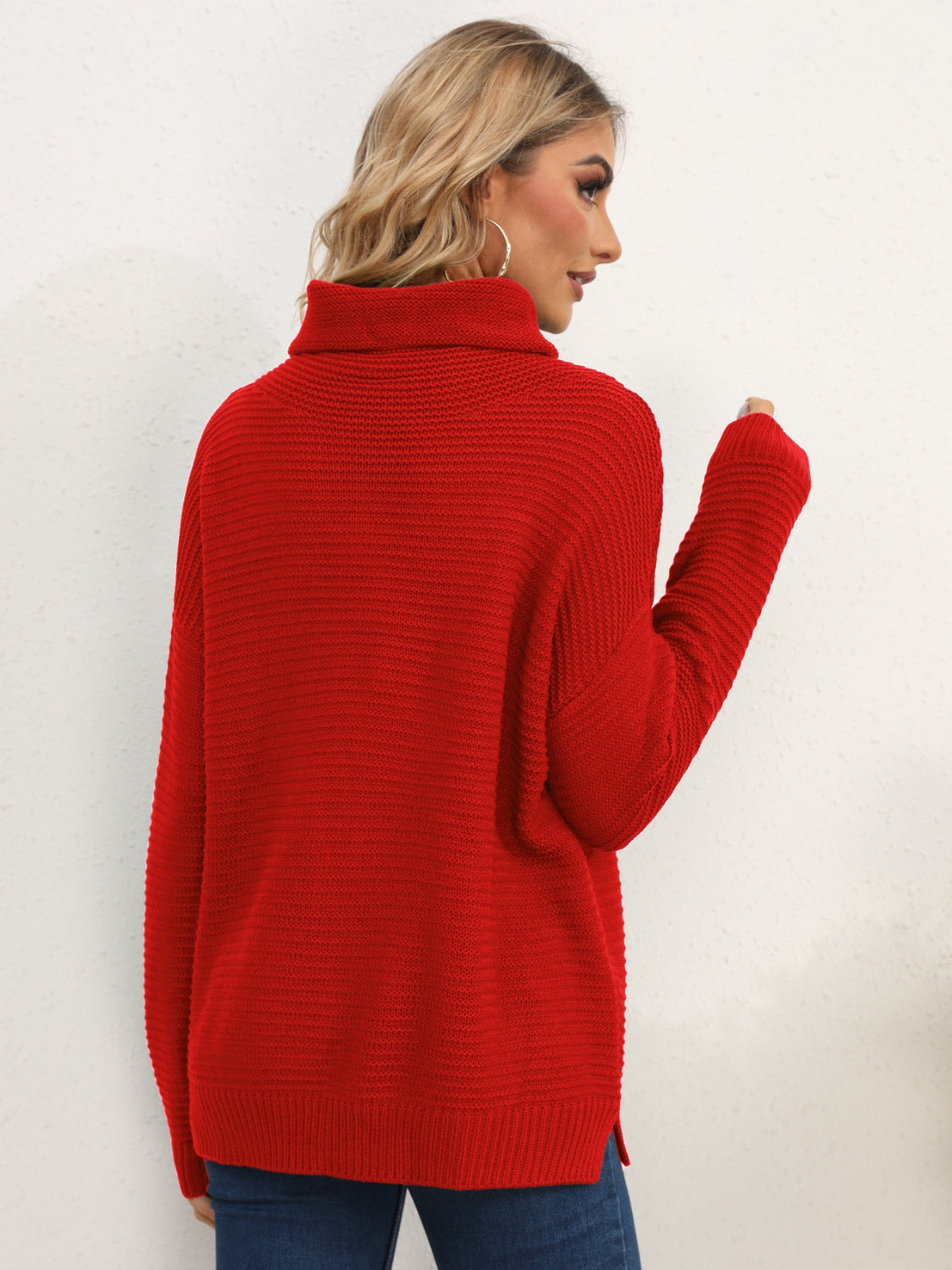 Slit Turtleneck Dropped Shoulder Sweater - The Boutie Shop