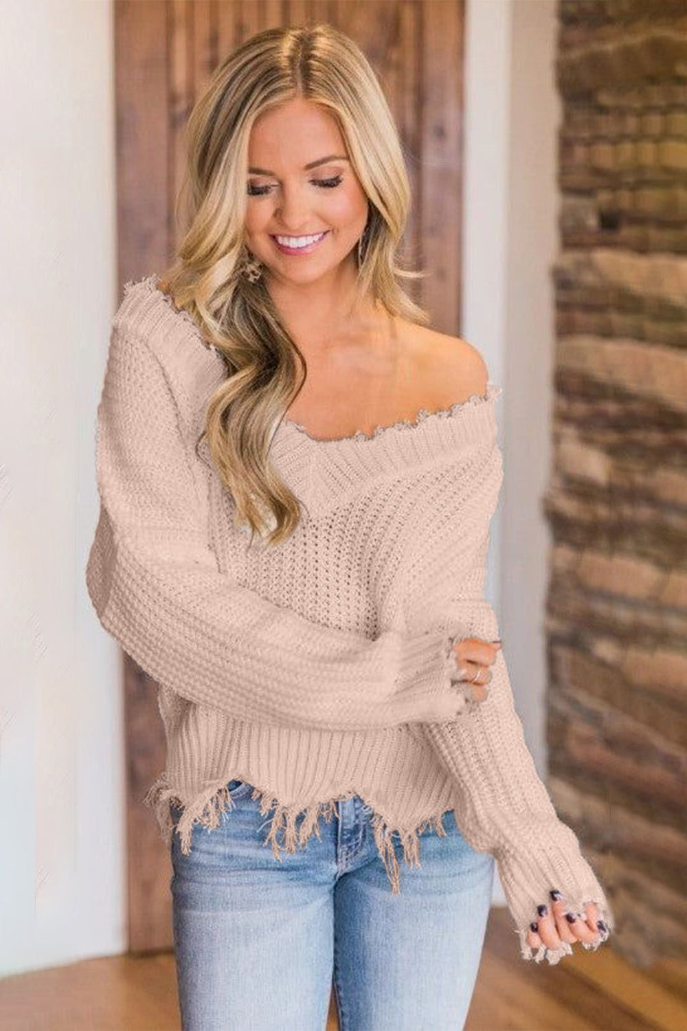 Frayed Hem Dropped Shoulder Sweater - The Boutie Shop