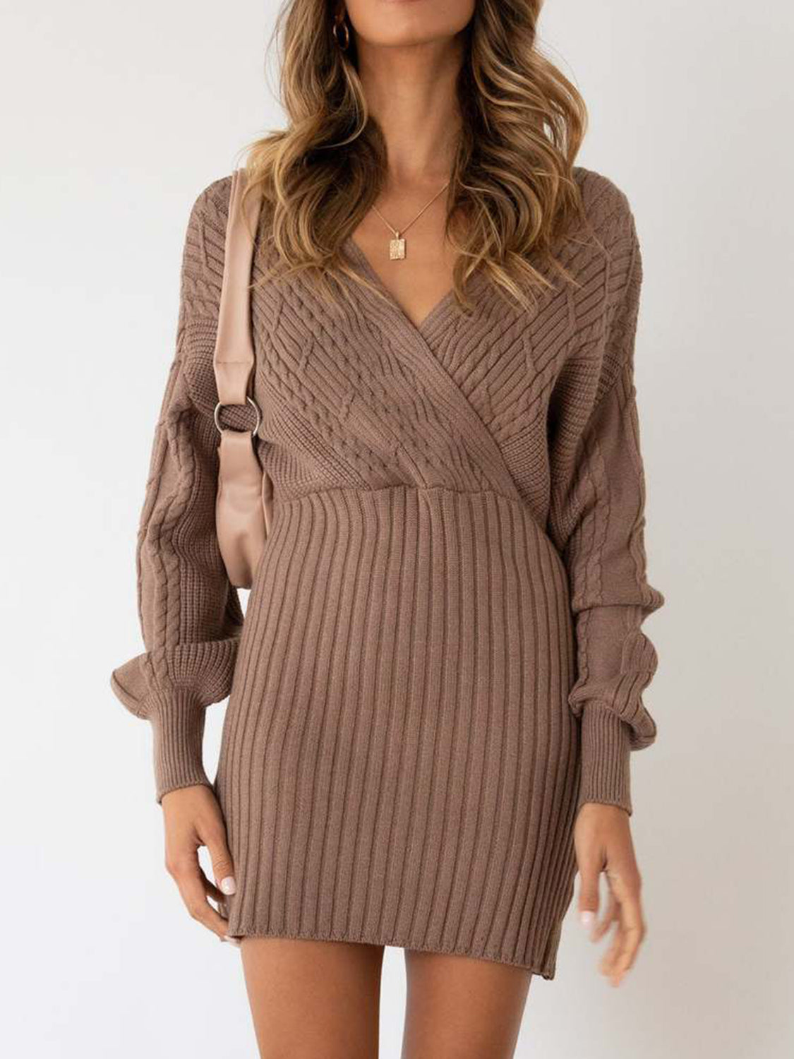 Surplice Neck Long Sleeve Sweater Dress - The Boutie Shop