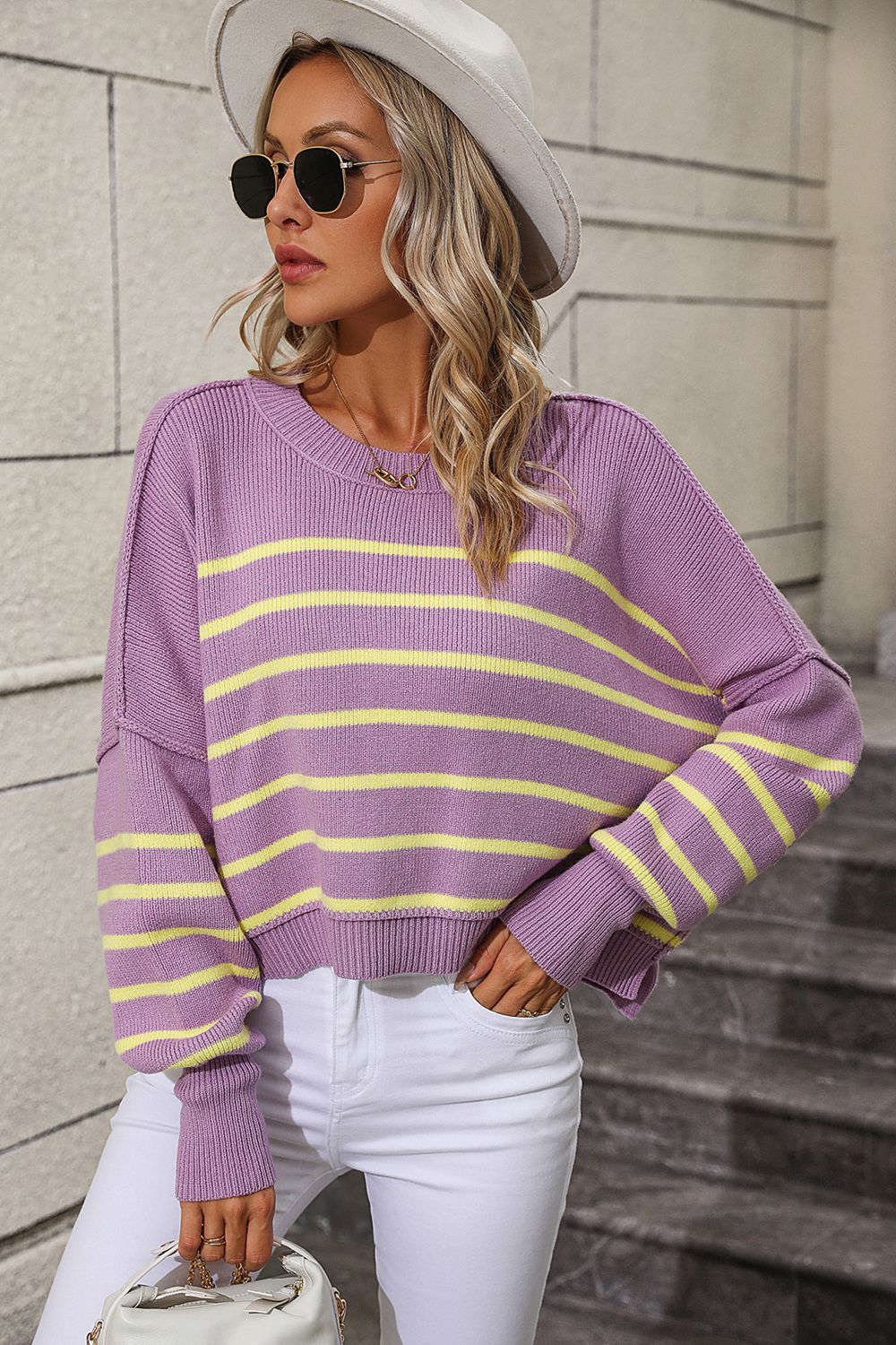 Striped Dropped Shoulder Round Neck Pullover Sweater - The Boutie Shop