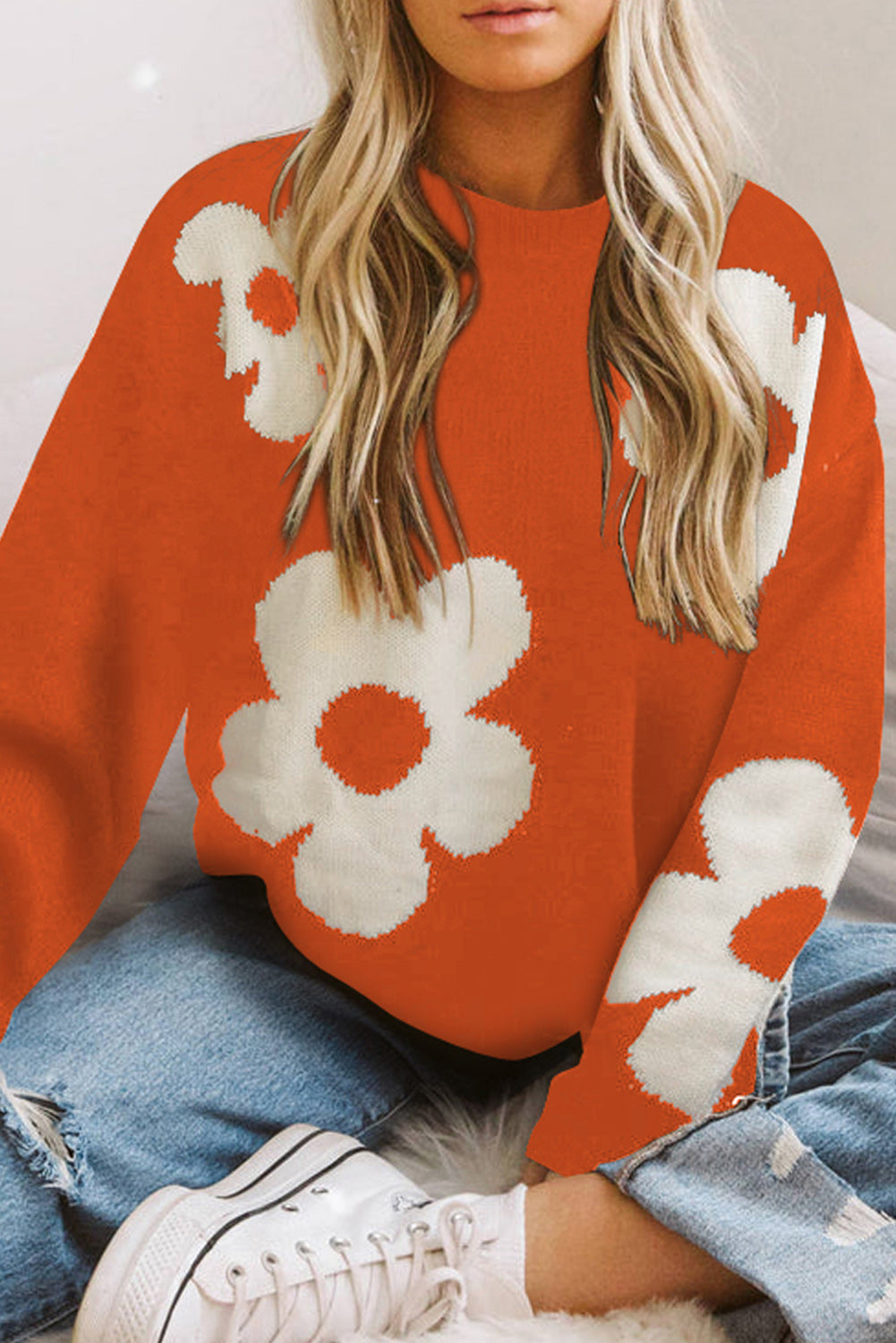 Round Neck Floral Pattern Color Contrast Design Long Sleeve Sweater - The Boutie Shop