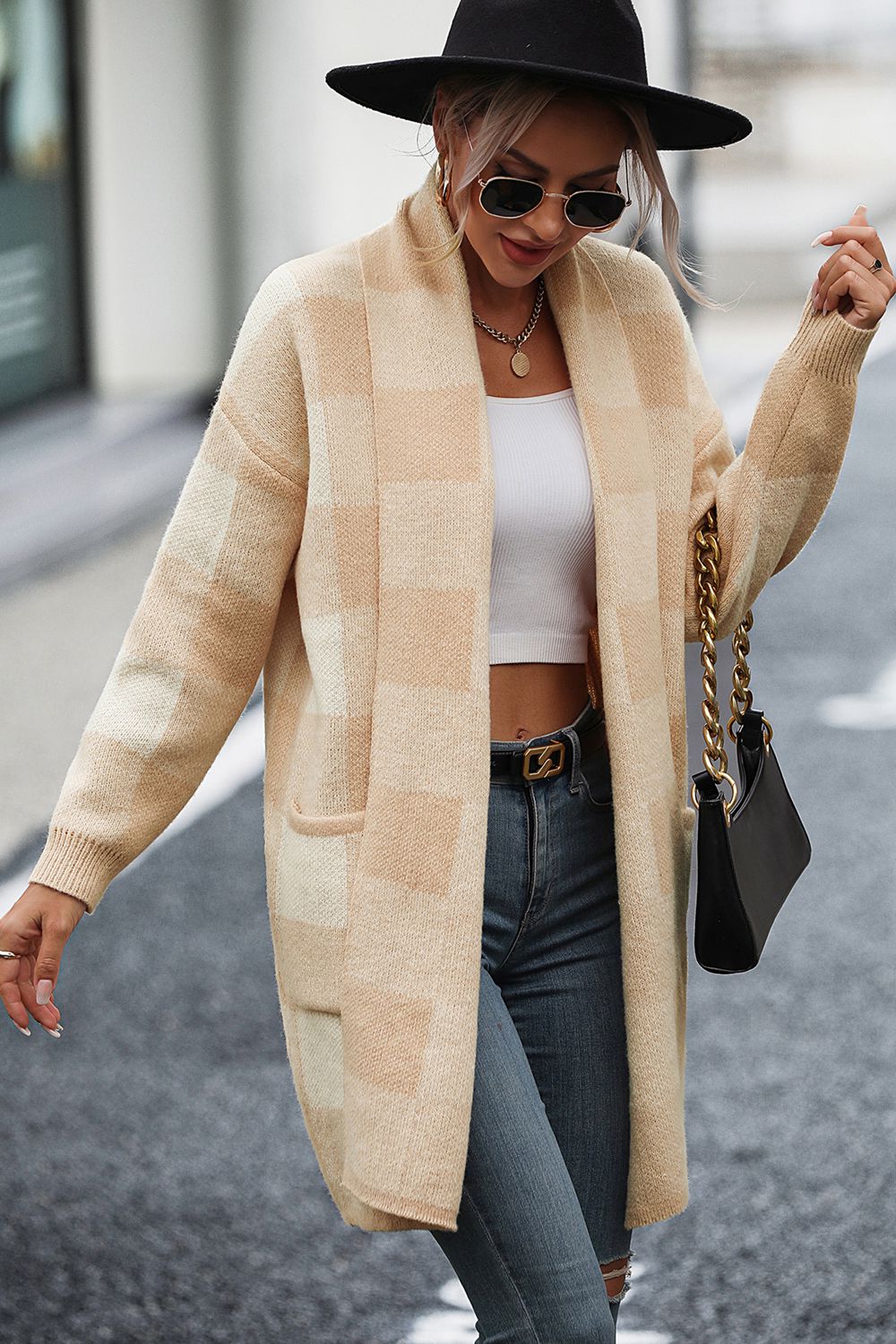 Plaid Dropped Shoulder Cardigan with Pocket - The Boutie Shop