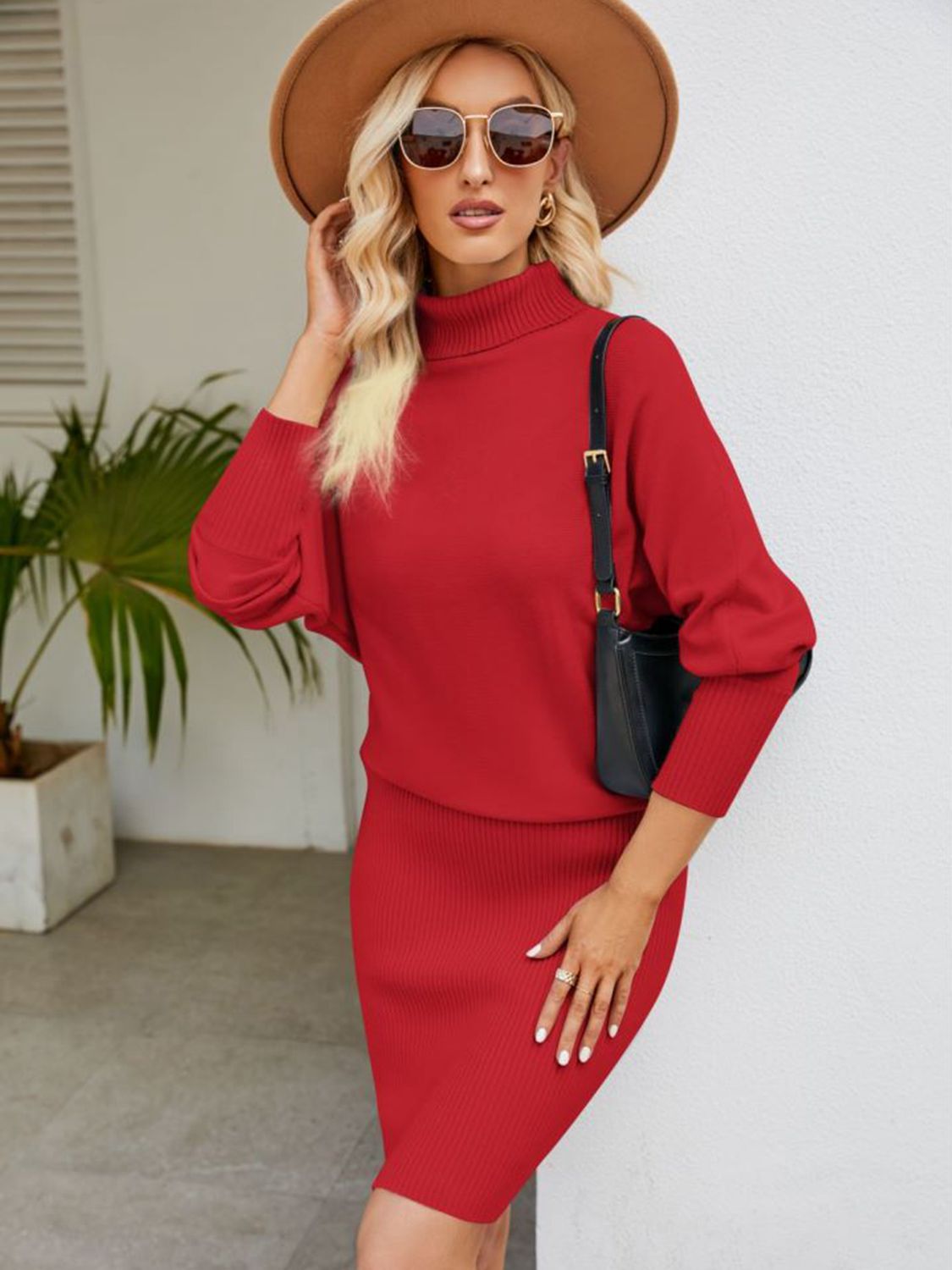 Turtle Neck Long Sleeve Ribbed Sweater Dress - The Boutie Shop