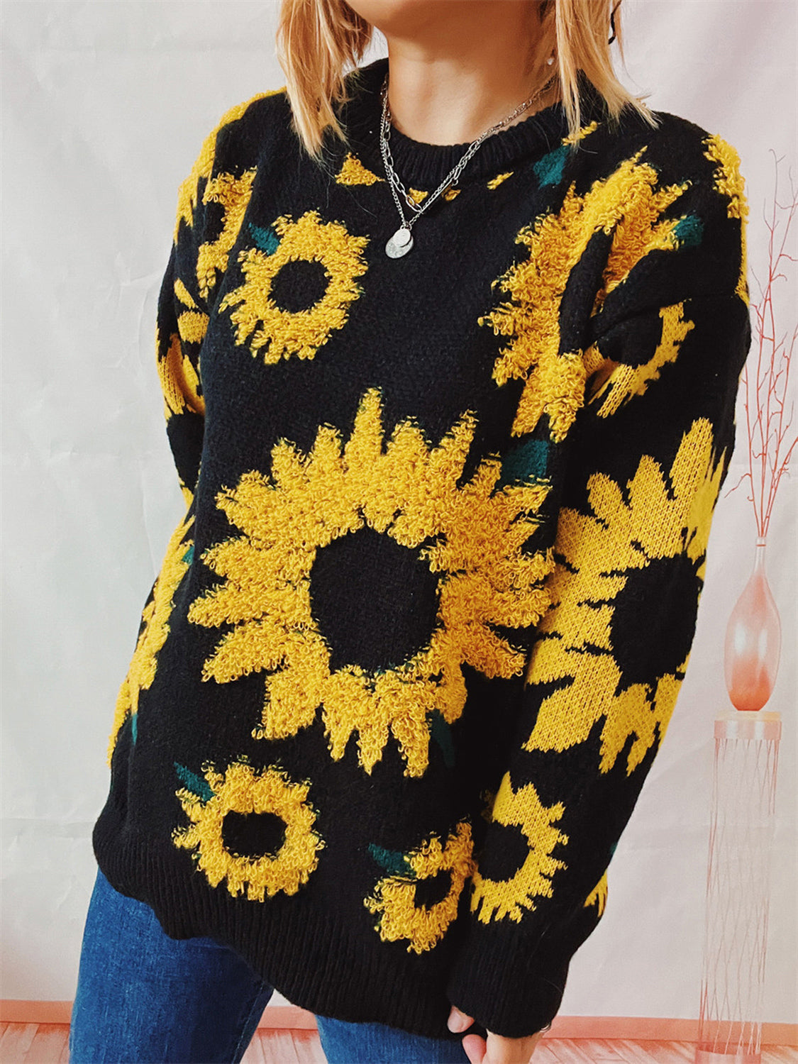 Sunflower Dropped Shoulder Long Sleeve Sweater - The Boutie Shop