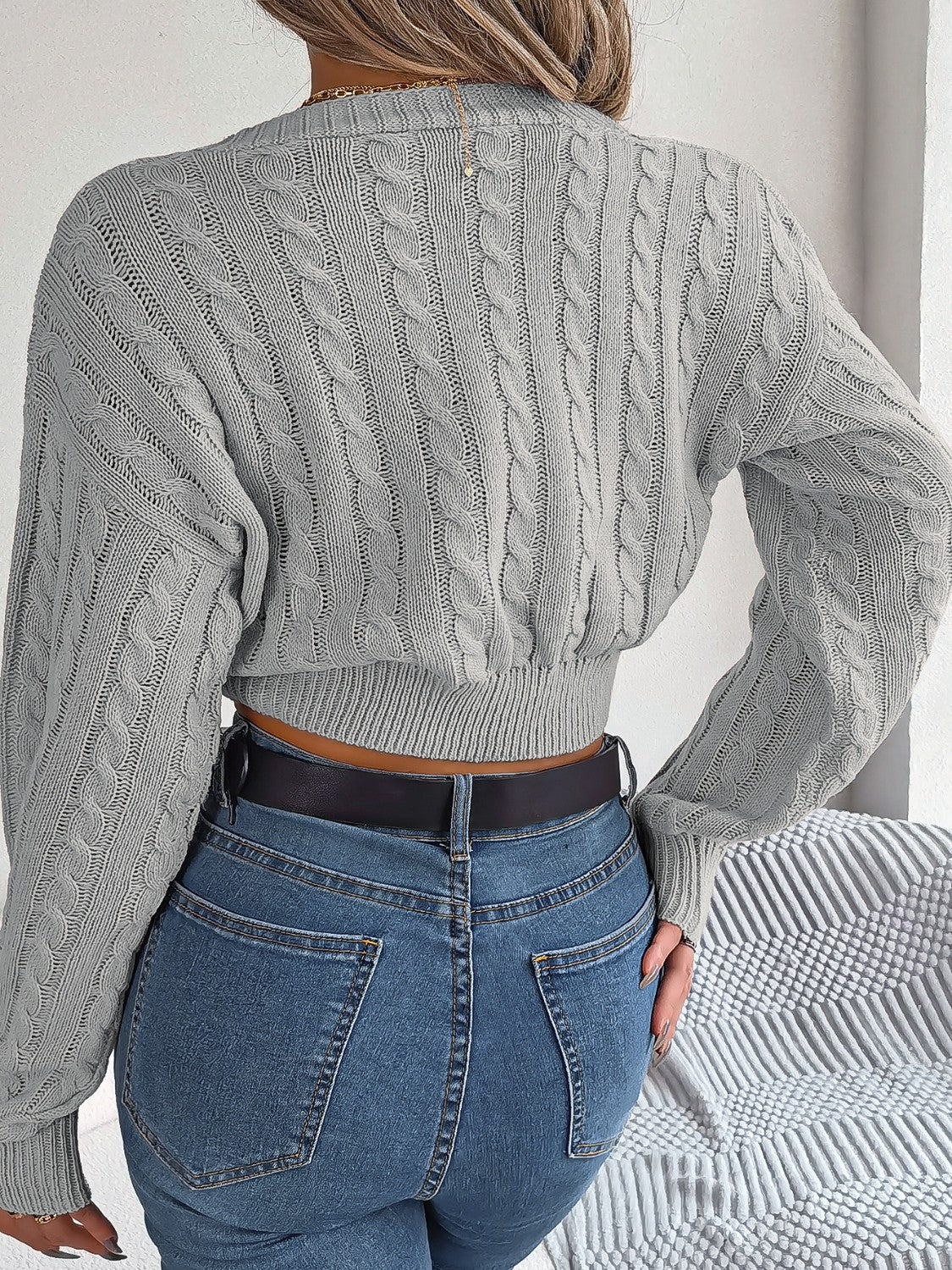 Twisted Cable-Knit V-Neck Sweater - The Boutie Shop