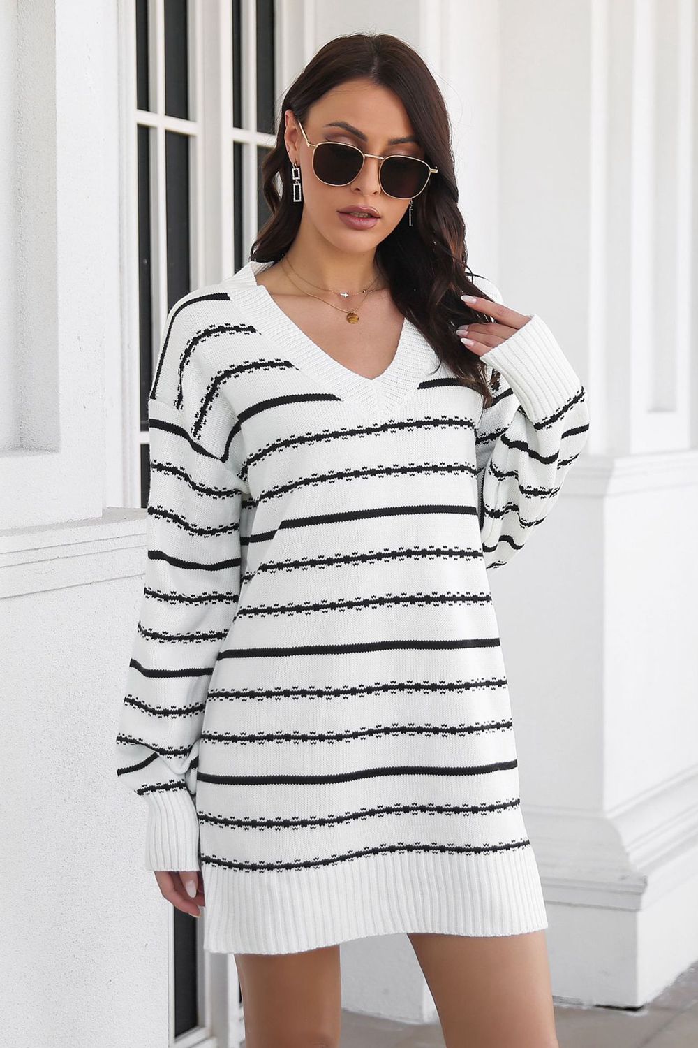 Striped V-Neck Sweater Dress - The Boutie Shop