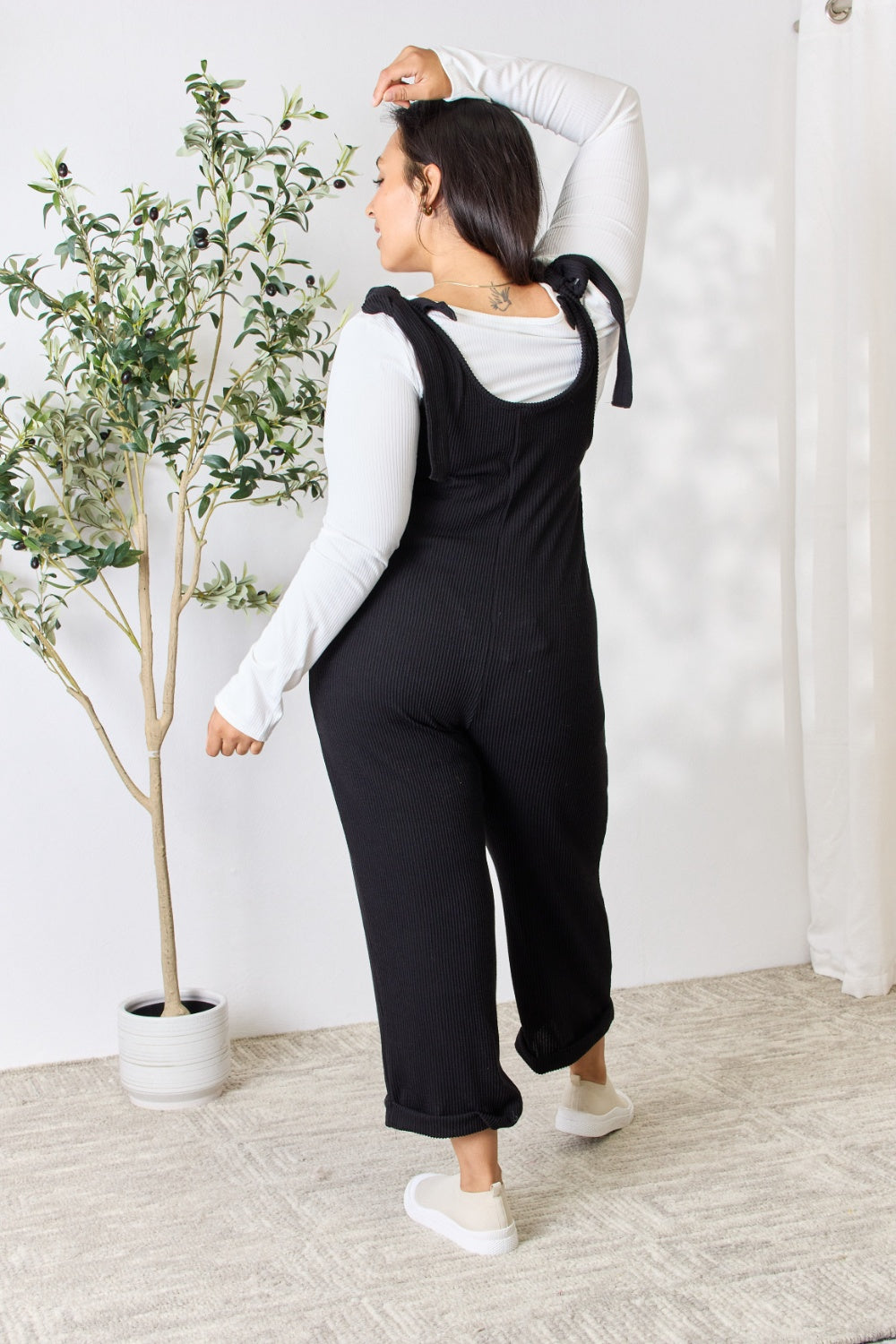 Celeste Full Size Ribbed Tie Shoulder Sleeveless Ankle Overalls - The Boutie Shop
