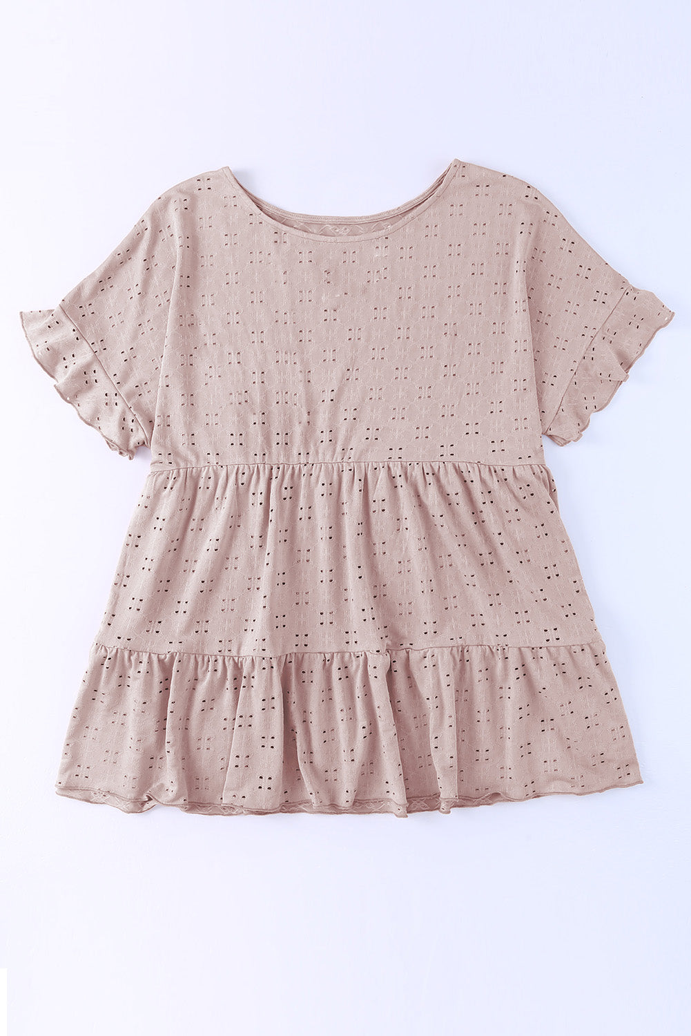 Plus Size Eyelet Round Neck Short Sleeve Blouse - The Boutie Shop