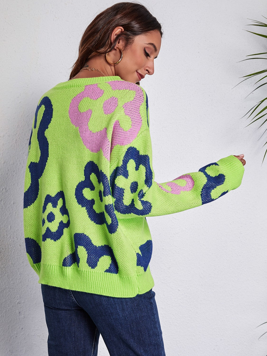 Flower Pattern Round Neck Long Sleeve Sweater - The Boutie Shop