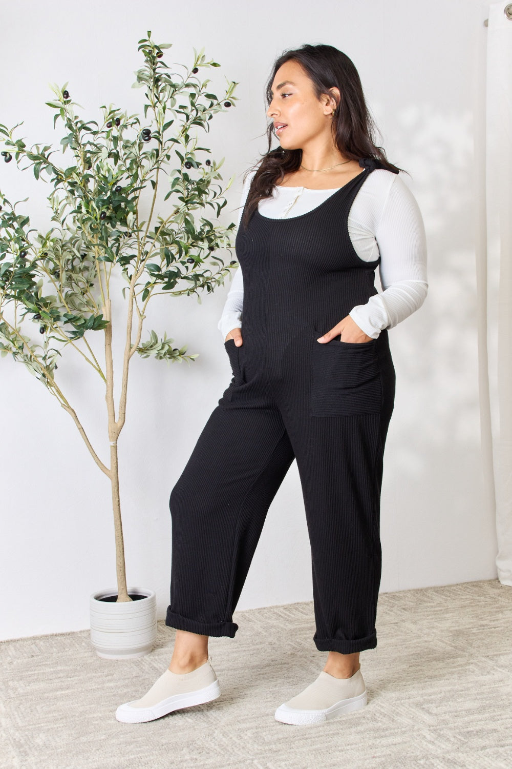 Celeste Full Size Ribbed Tie Shoulder Sleeveless Ankle Overalls - The Boutie Shop