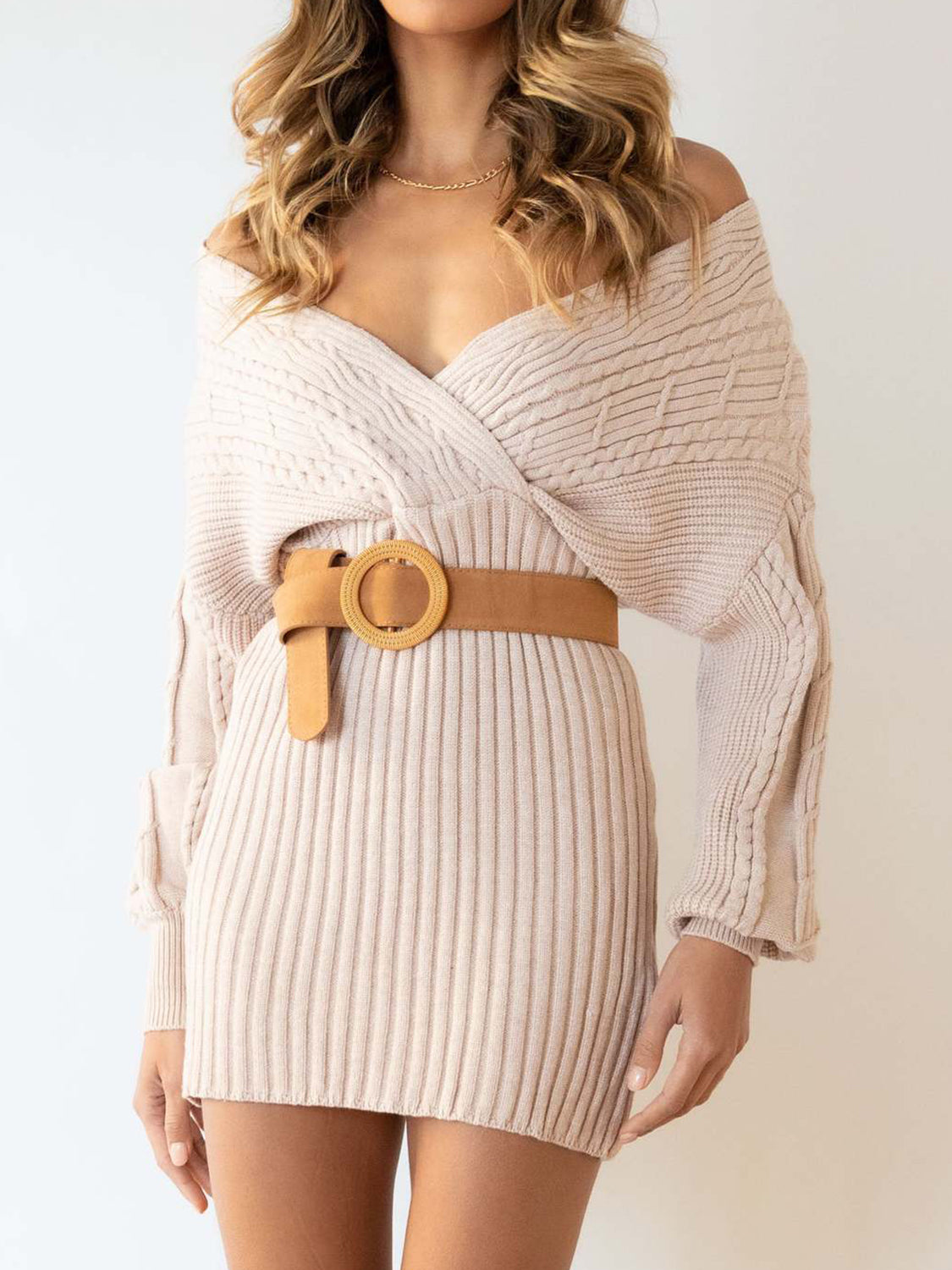 Surplice Neck Long Sleeve Sweater Dress - The Boutie Shop