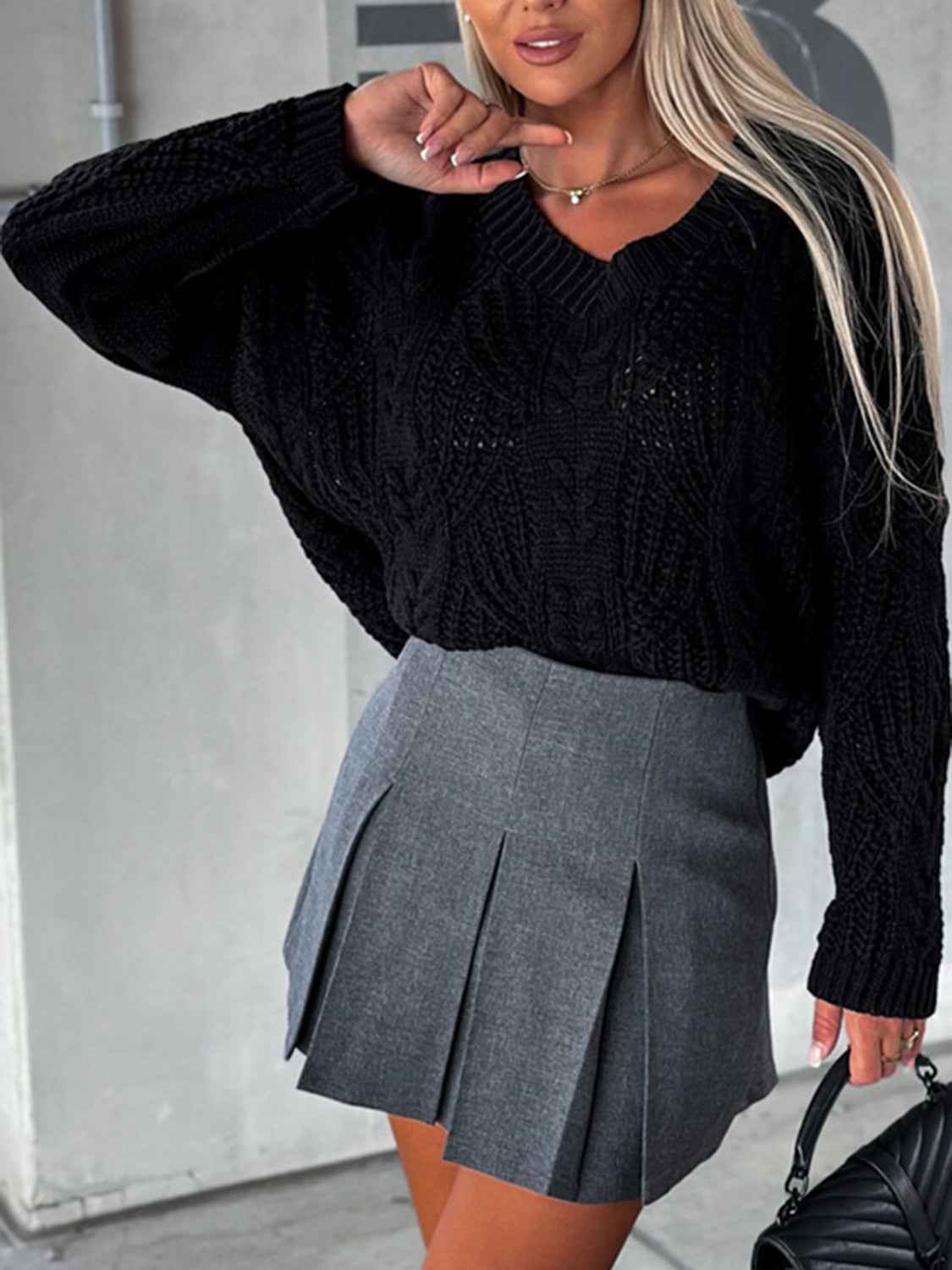 V-Neck Cable-Knit Long Sleeve Sweater - The Boutie Shop