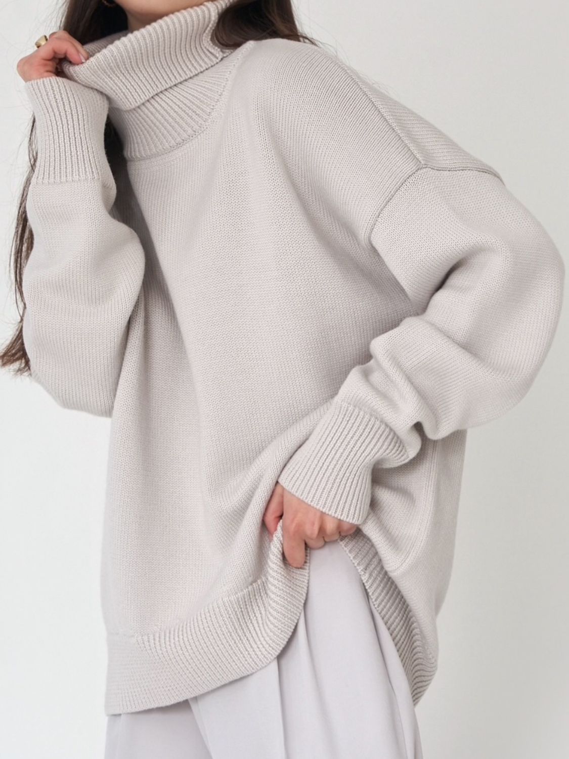Turtle Neck Dropped Shoulder Sweater - The Boutie Shop
