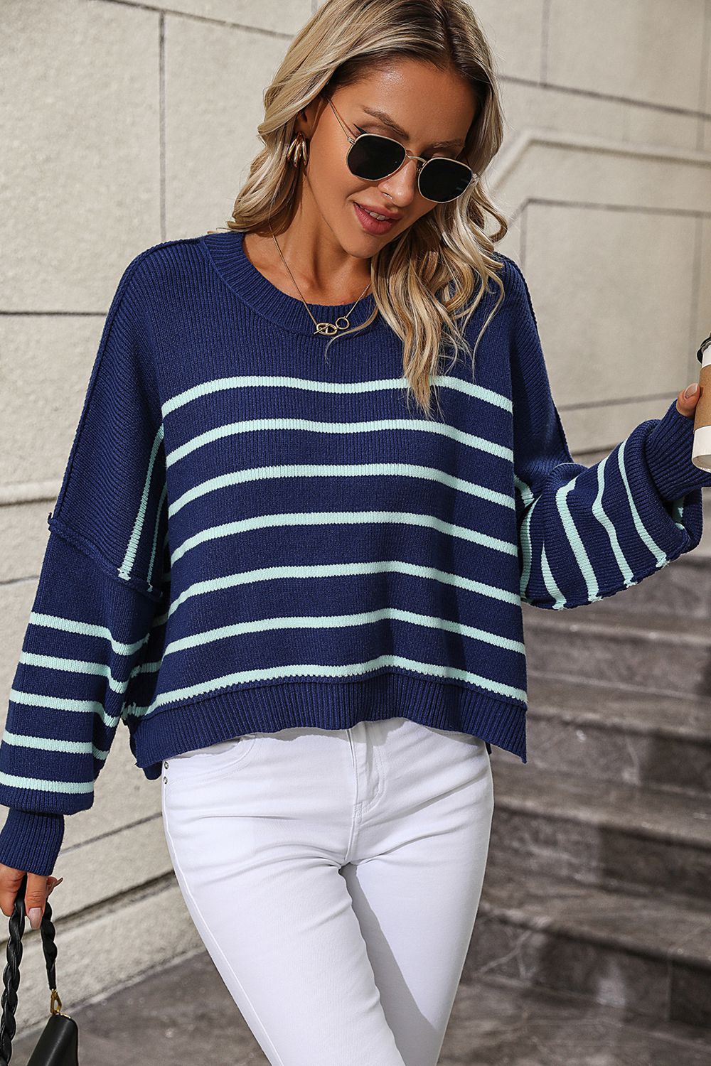 Striped Dropped Shoulder Round Neck Pullover Sweater - The Boutie Shop