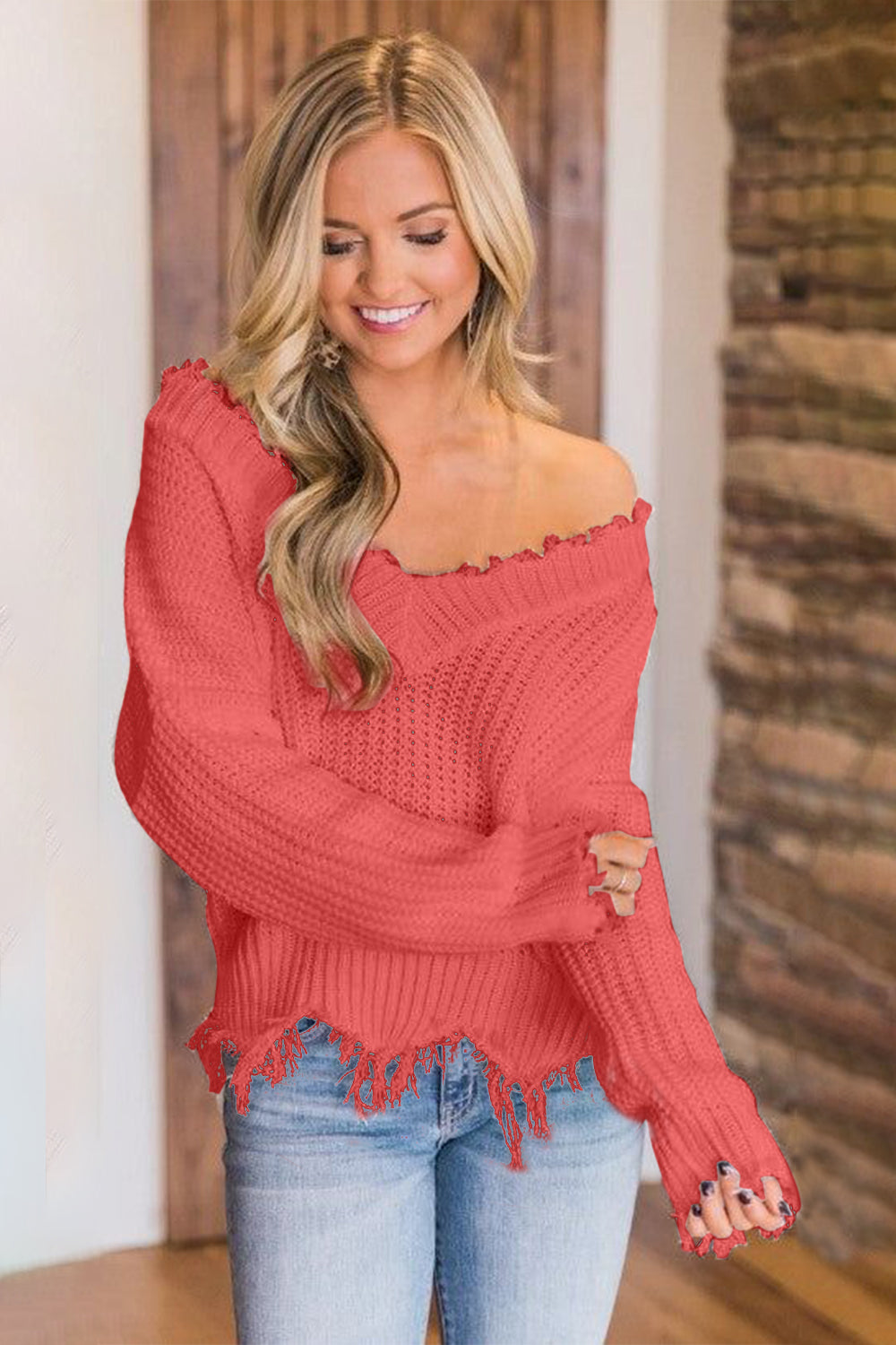 Frayed Hem Dropped Shoulder Sweater - The Boutie Shop