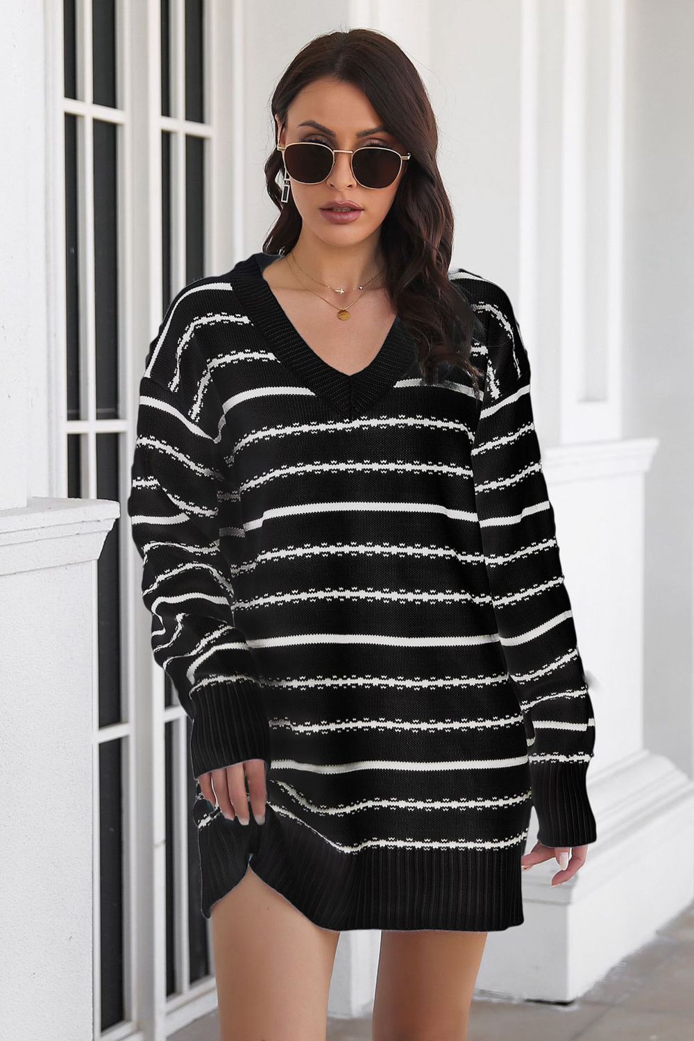 Striped V-Neck Sweater Dress - The Boutie Shop