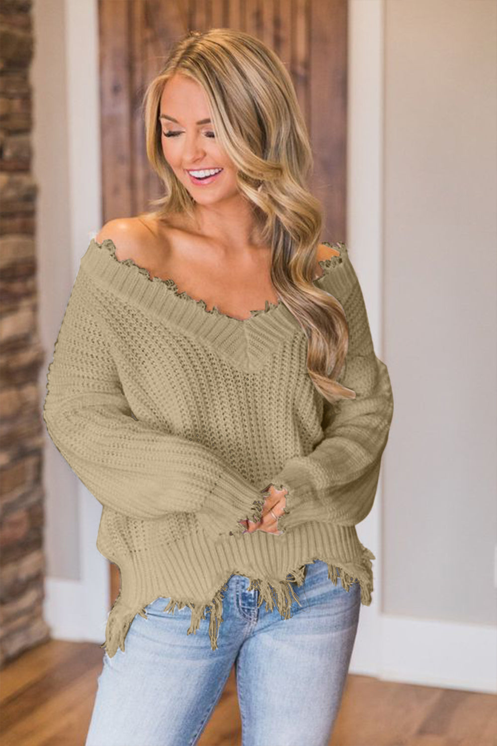 Frayed Hem Dropped Shoulder Sweater - The Boutie Shop