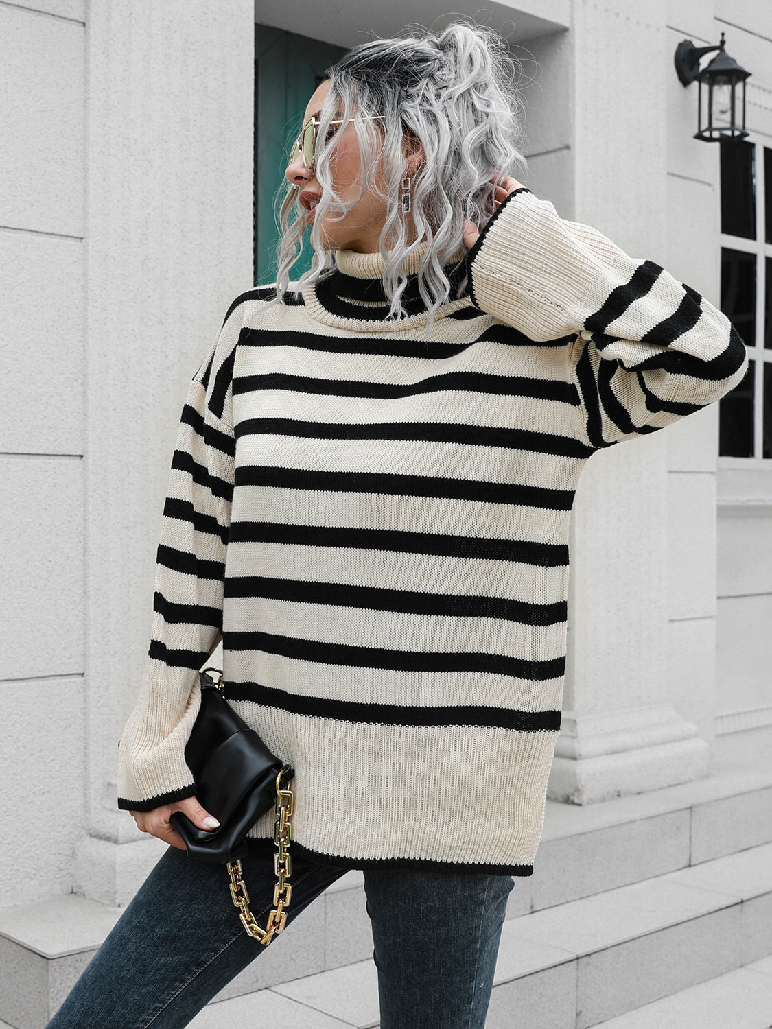 Striped Slit Turtleneck Drop Shoulder Sweater - The Boutie Shop