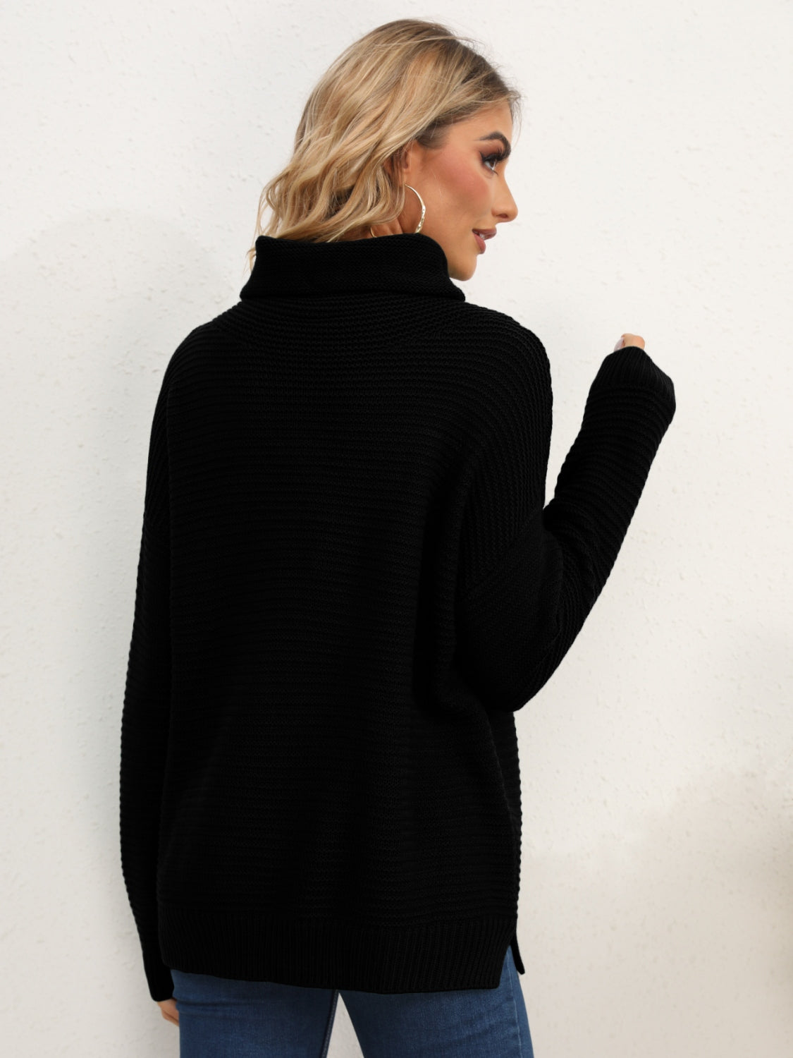 Slit Turtleneck Dropped Shoulder Sweater - The Boutie Shop