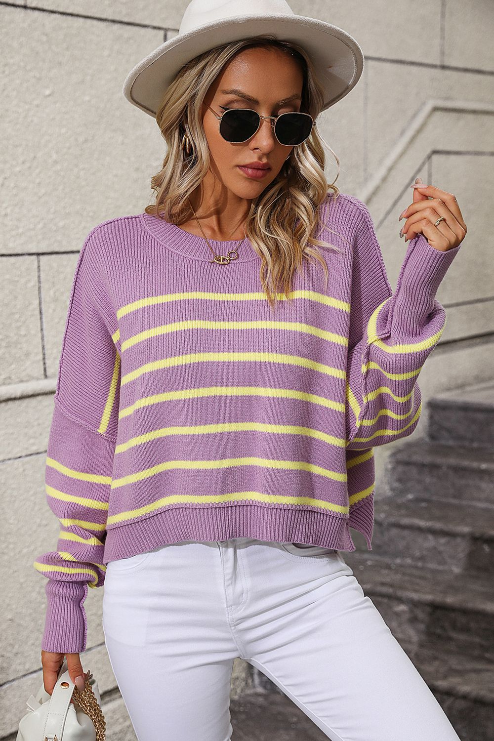 Striped Dropped Shoulder Round Neck Pullover Sweater - The Boutie Shop