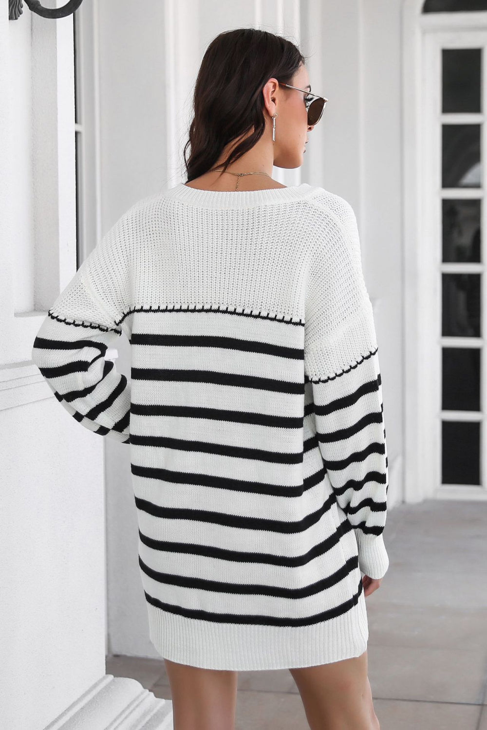 Striped V-Neck Drop Shulder Sweater Dress - The Boutie Shop