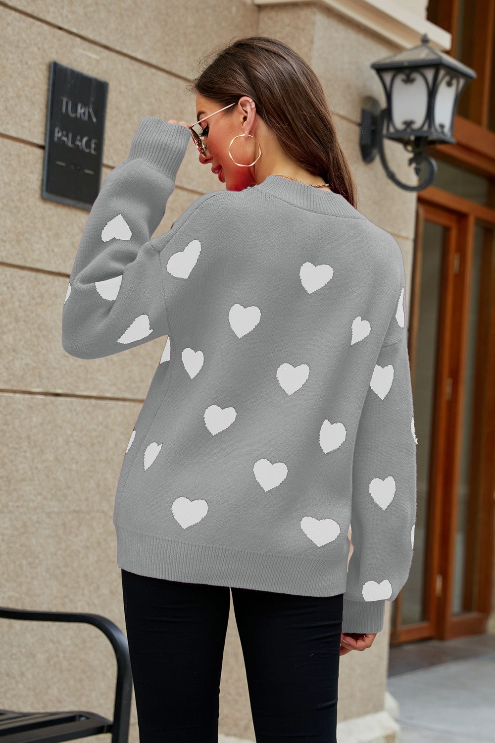 Woven Right Heart Pattern Lantern Sleeve Round Neck Tunic Sweater - The Boutie Shop