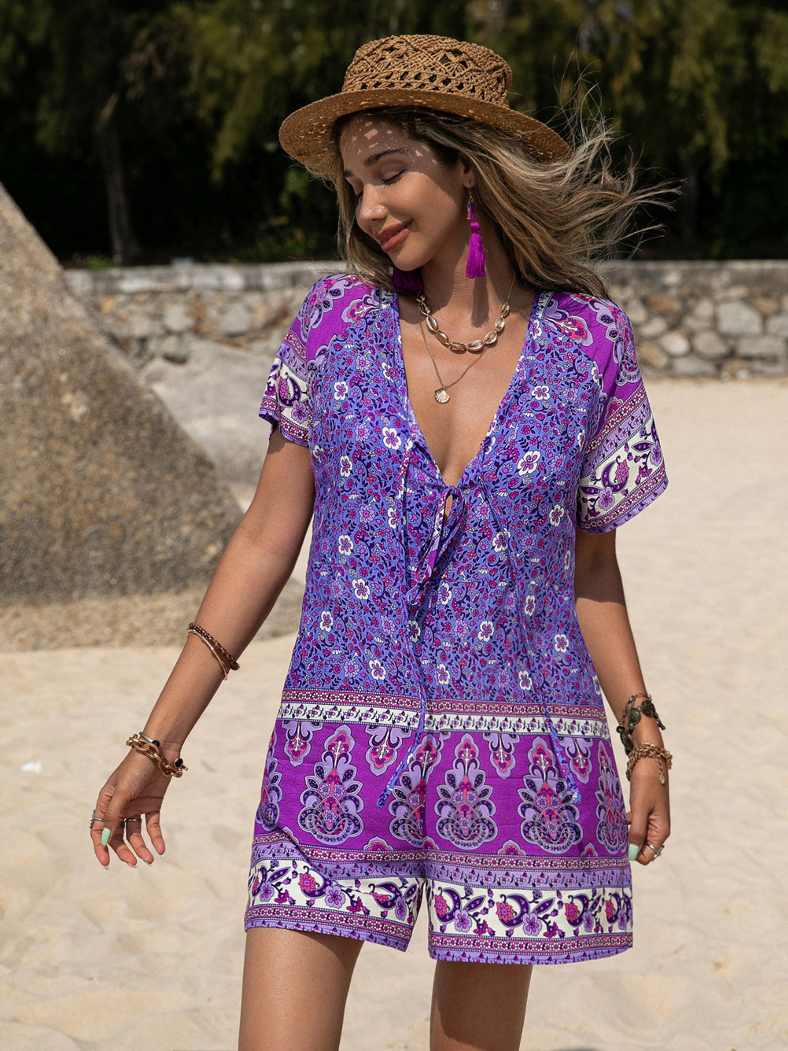Tied Printed Short Sleeve Romper - The Boutie Shop