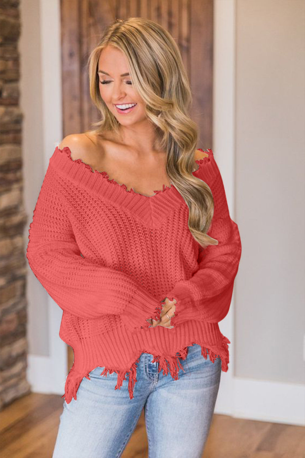 Frayed Hem Dropped Shoulder Sweater - The Boutie Shop