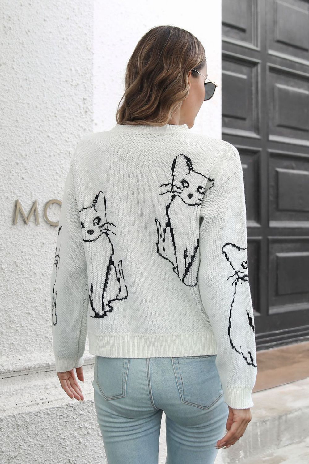 Cat Pattern Round Neck Long Sleeve Pullover Sweater - The Boutie Shop