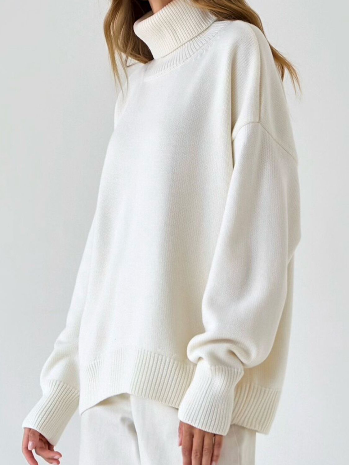 Turtle Neck Dropped Shoulder Sweater - The Boutie Shop