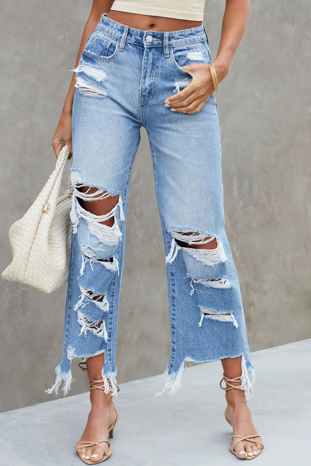 Distressed Raw Hem Jeans with Pockets - The Boutie Shop