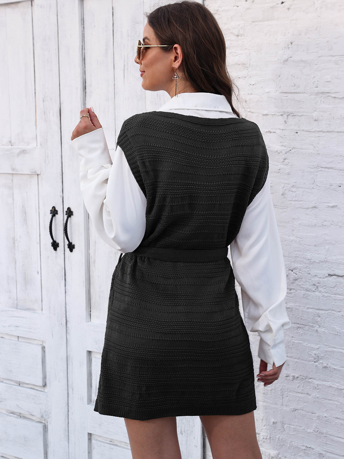 Tie Front V-Neck Sleeveless Slit Sweater Dress - The Boutie Shop