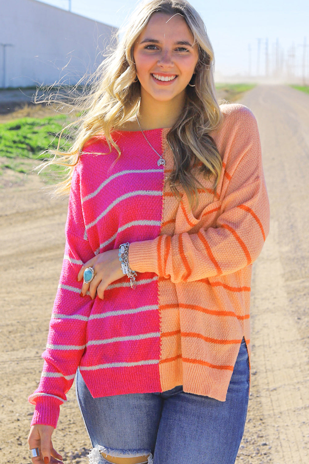 Striped Pocketed Dropper Shoulder Sweater - The Boutie Shop