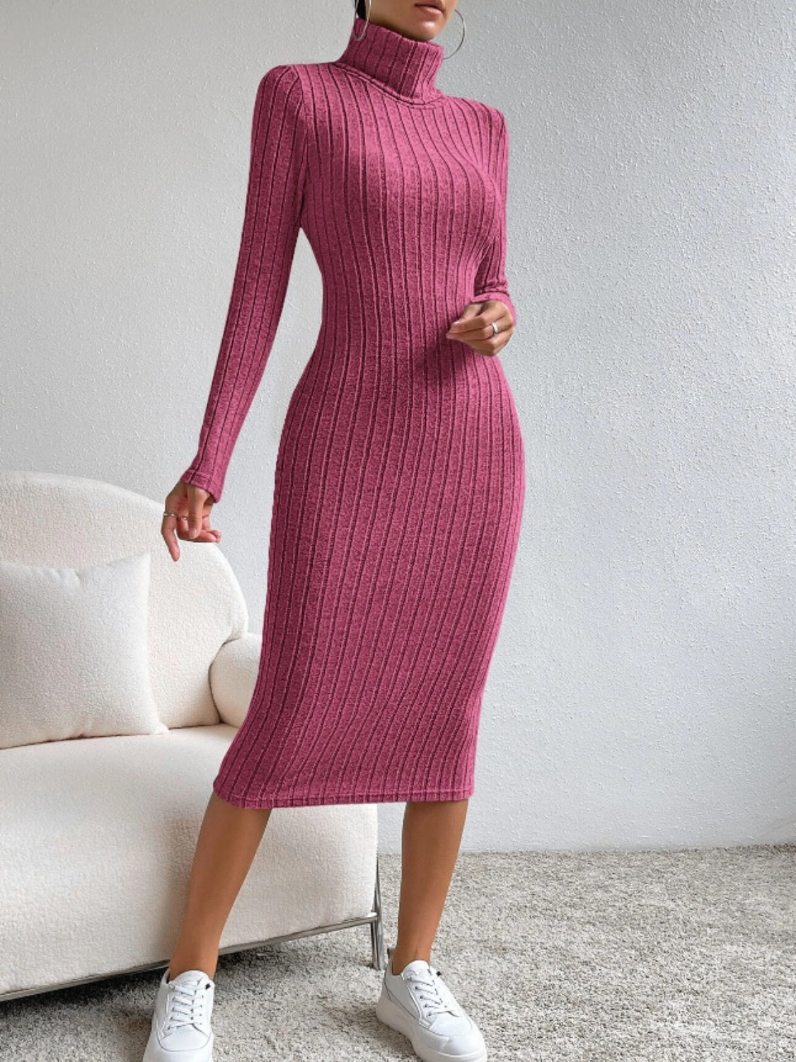 Turtleneck Long Sleeve Midi Sweater Dress - The Boutie Shop
