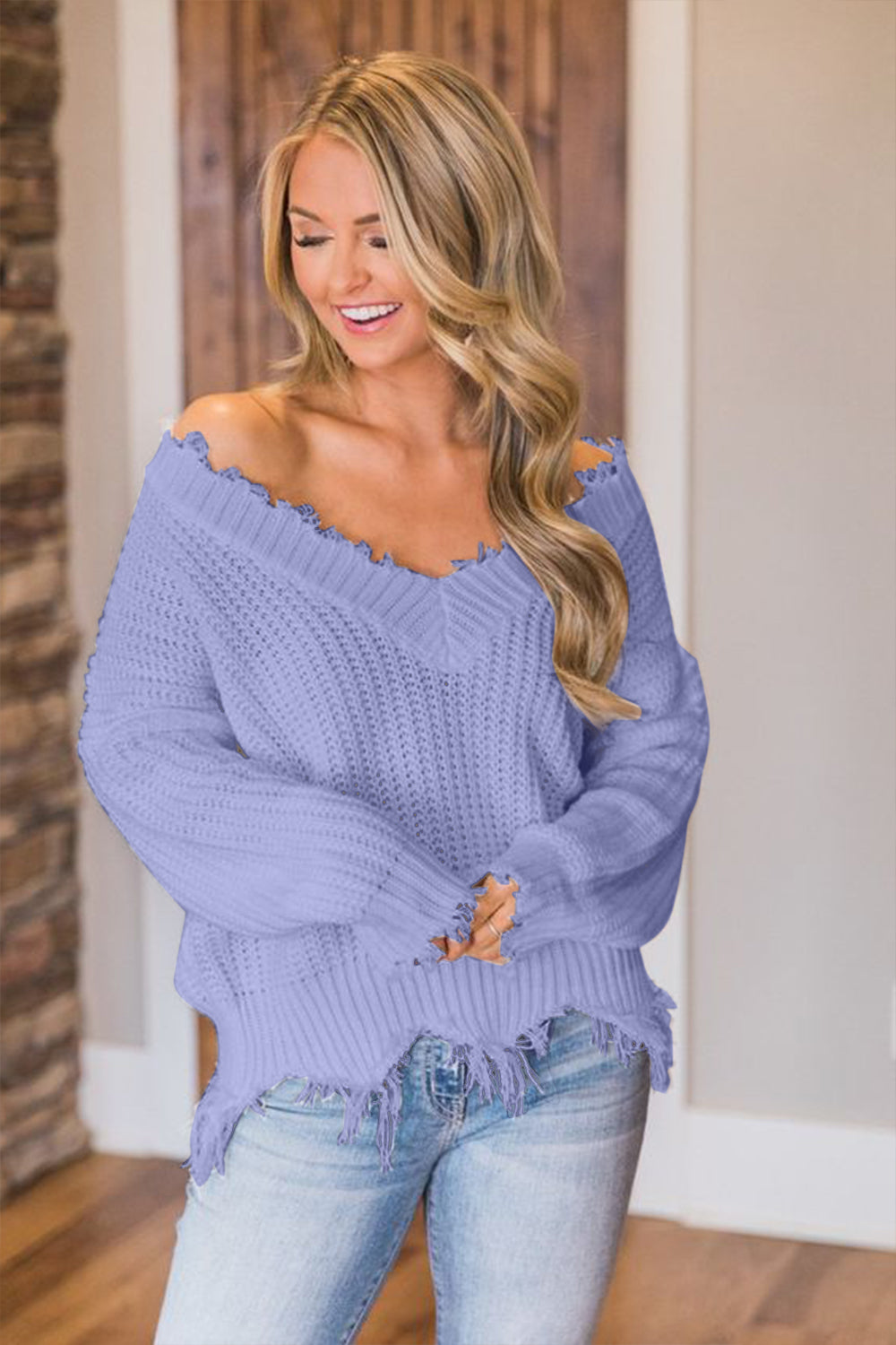 Frayed Hem Dropped Shoulder Sweater - The Boutie Shop