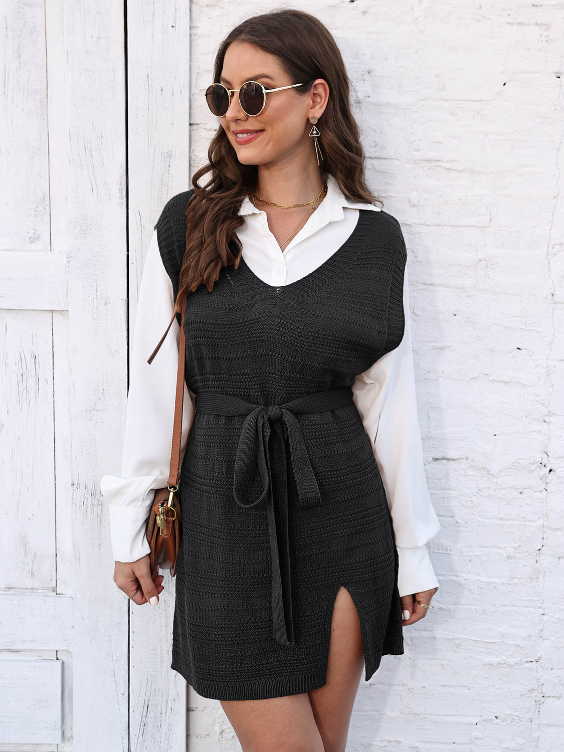 Tie Front V-Neck Sleeveless Slit Sweater Dress - The Boutie Shop