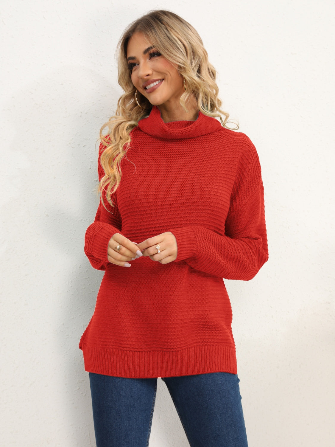 Slit Turtleneck Dropped Shoulder Sweater - The Boutie Shop