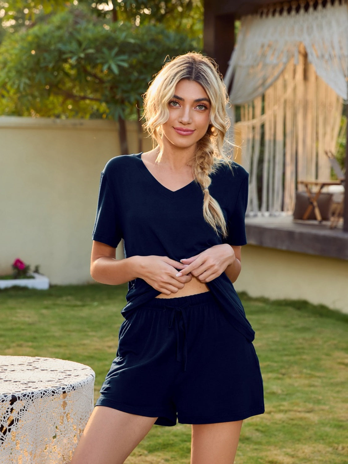 V-Neck Short Sleeve Top and Pocketed Shorts Lounge Set - The Boutie Shop