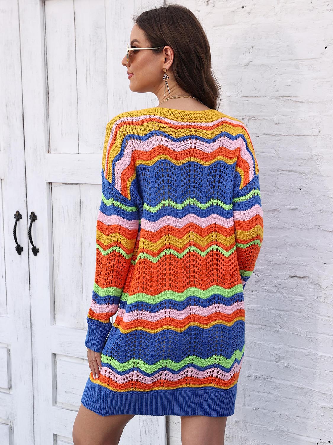 Openwork Round Neck Sweater Dress - The Boutie Shop