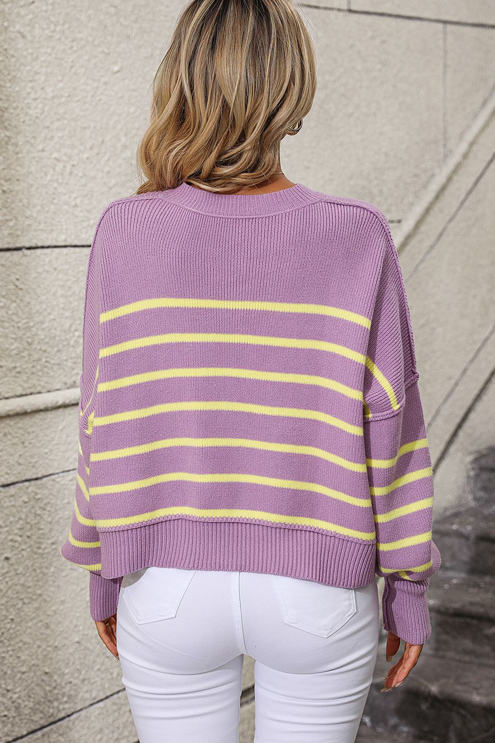 Striped Dropped Shoulder Round Neck Pullover Sweater - The Boutie Shop