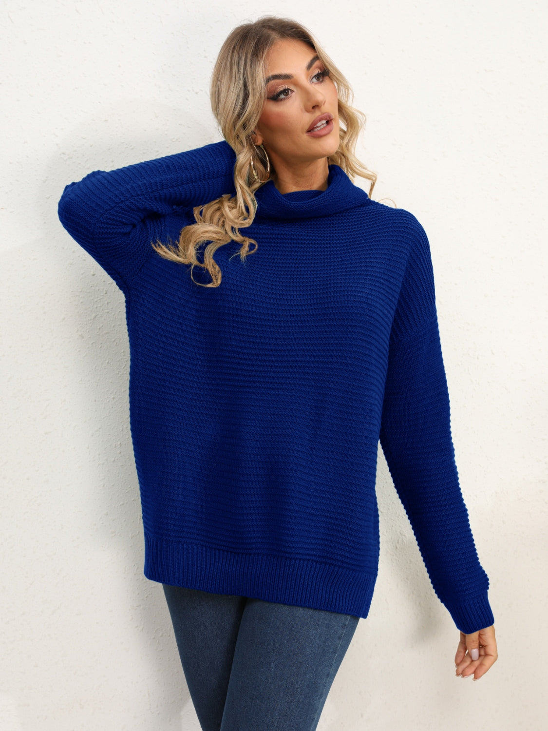 Slit Turtleneck Dropped Shoulder Sweater - The Boutie Shop