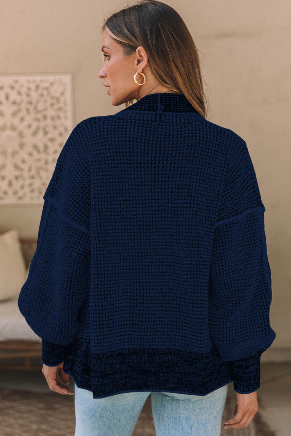 Waffle-knit Pocketed Open Front Cardigan - The Boutie Shop