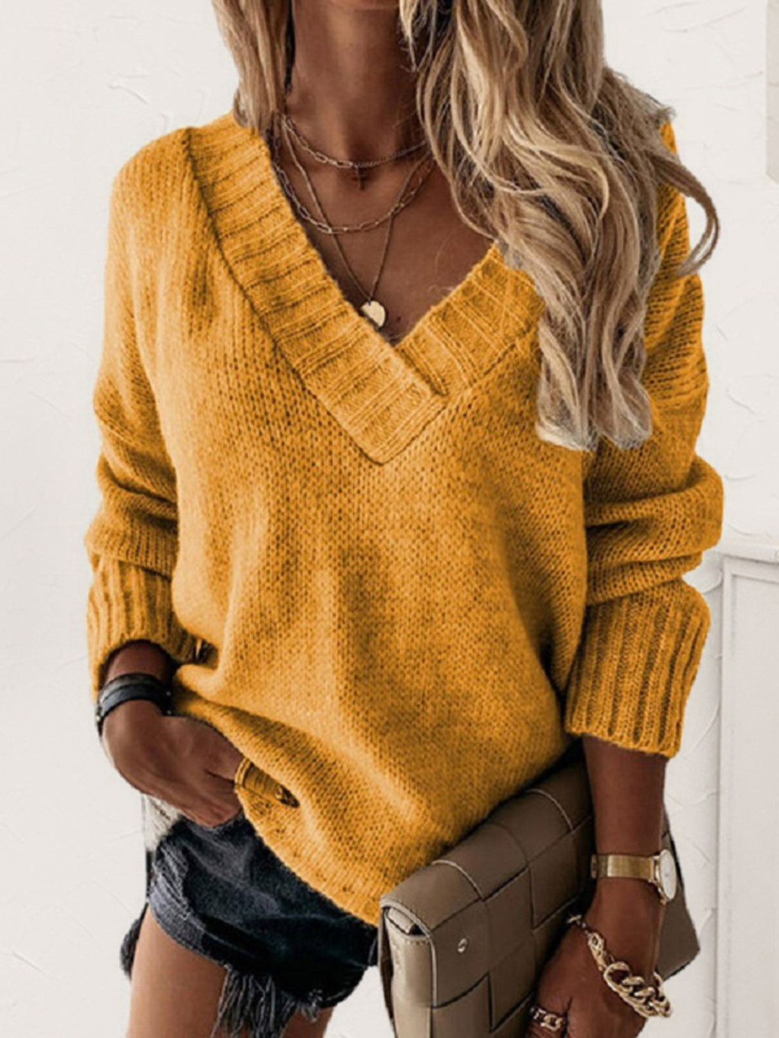 V-Neck Long Sleeve Knit Top - The Boutie Shop